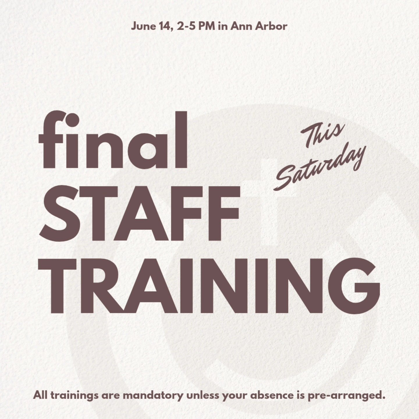 Helloooo staff! We have our last staff training THIS SATURDAY 🫨
Check our email for details!