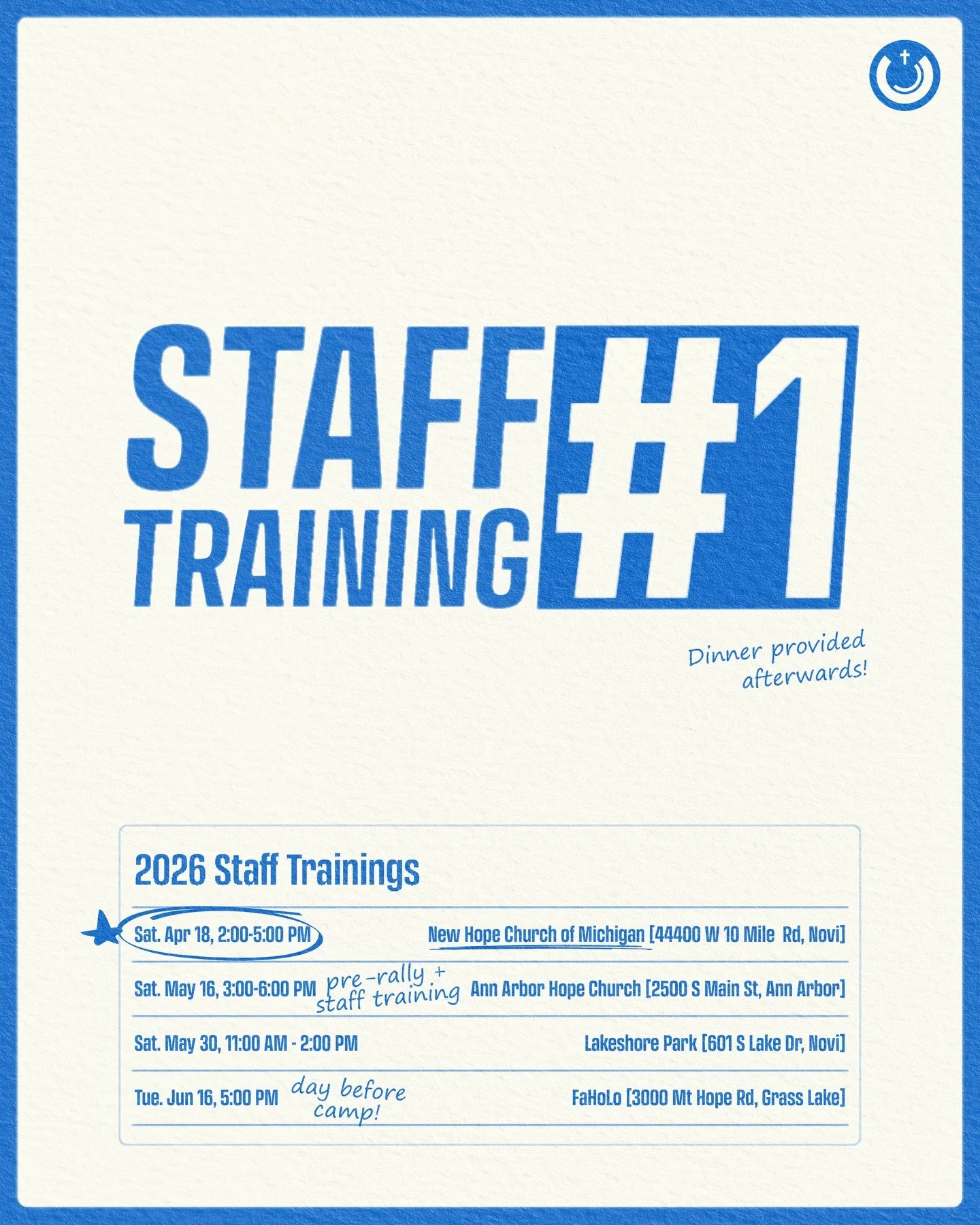 🤗 Hello MCKC Youth Camp 2026 staff!! We can&rsquo;t wait to see you at our first staff training next Saturday, April 18 from 2:00pm to 5:00pm at New Hope Church of Michigan!
If you are unable to attend, please reply to the email from mckc4youth@gmai
