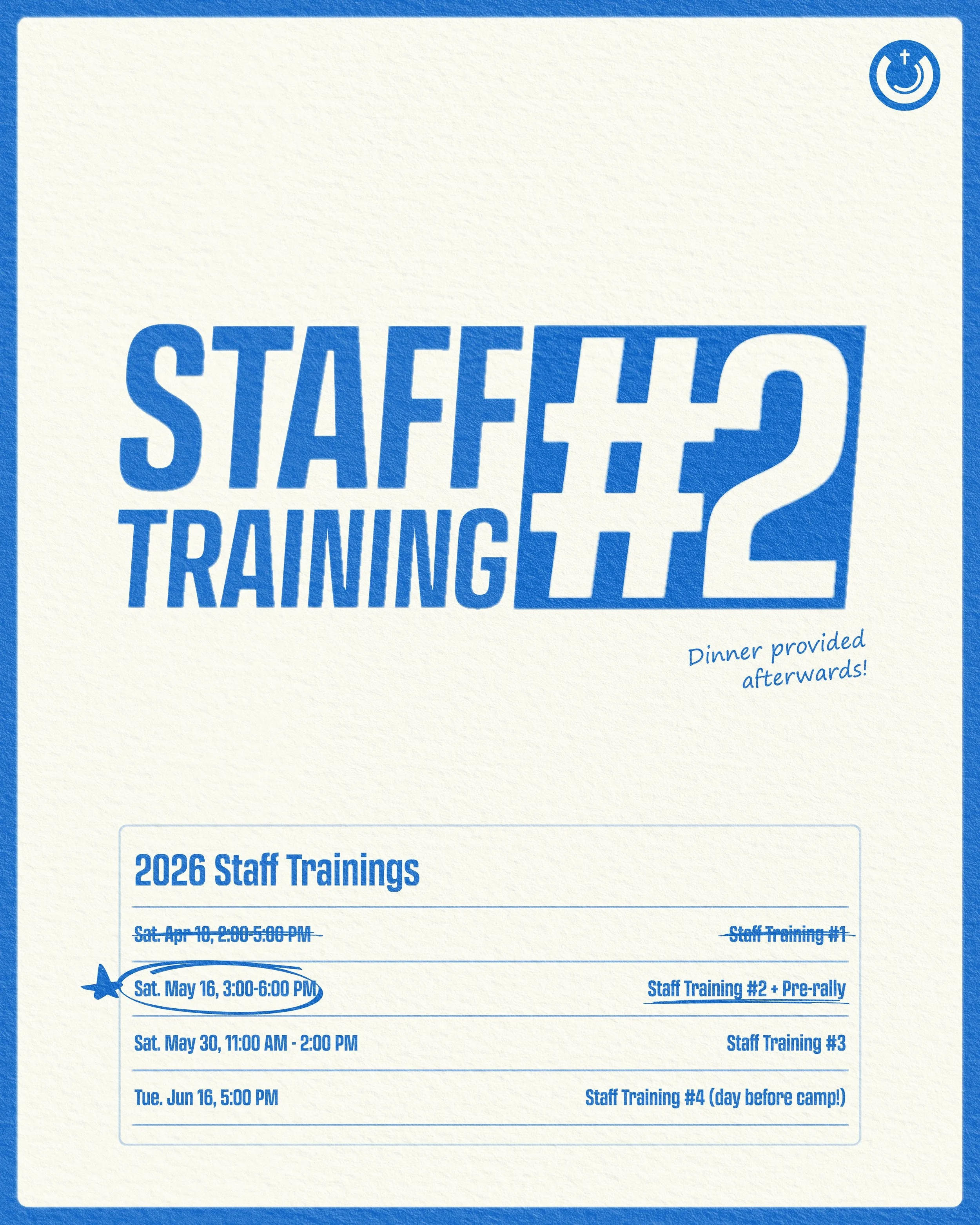 See YOU 2026 staff at our second staff training next Saturday, May 18 at 3-6:00pm!!
