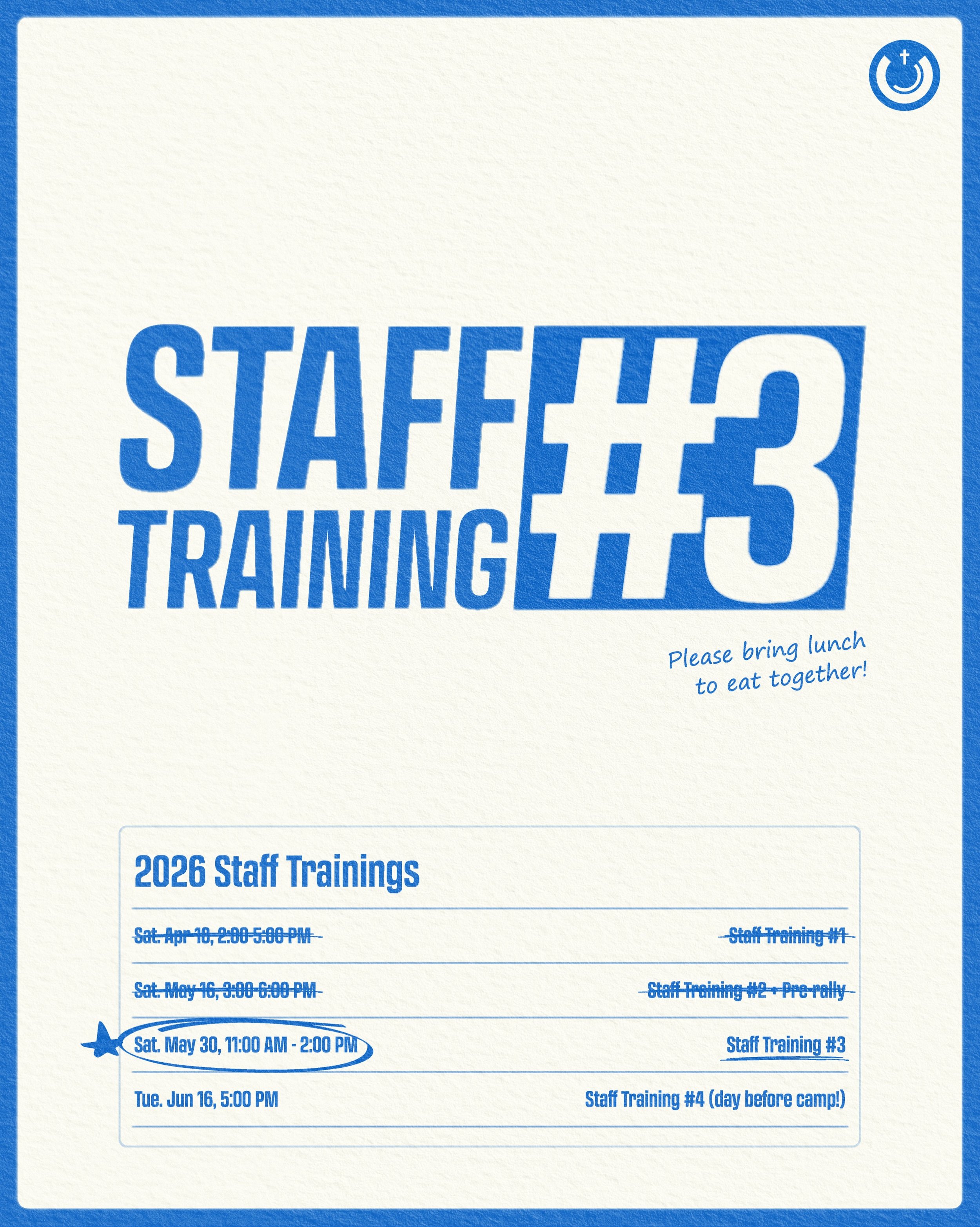 NEXT SATURDAY May 30 is our third staff training! Please bring your own lunch to eat together (snacks and drinks will be provided) 🍪🥤

Please reply to the email from mckc4youth@gmail.com if you cannot make this training.