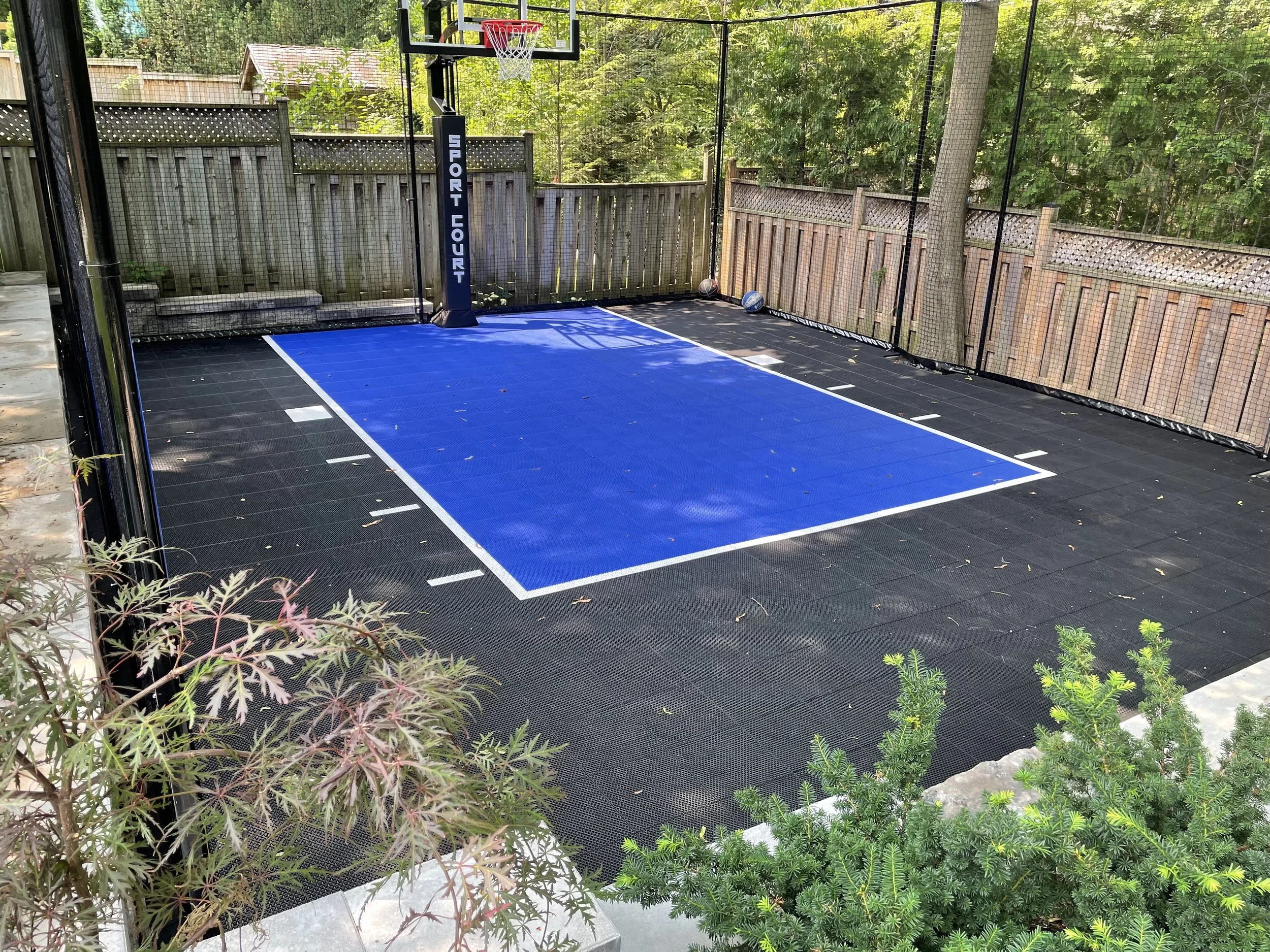 Backyard basketball court with a blue court surface, hoop with backboard, surrounded by a black safety net, trees and fencing in the background.