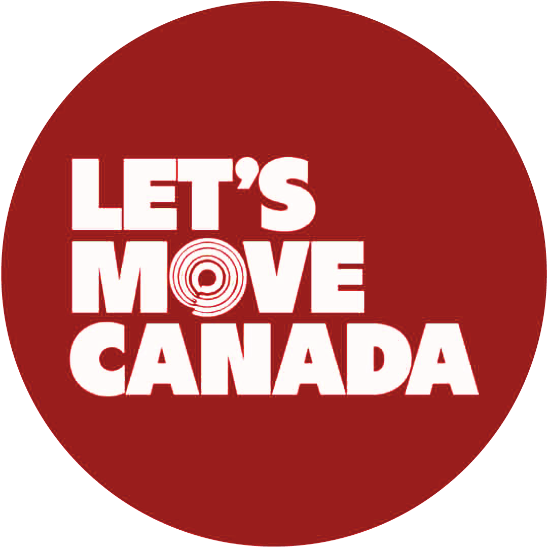 Red circular graphic with bold white text saying "Let's Move Canada" and a spiral design in place of the "O" in "MOVE."
