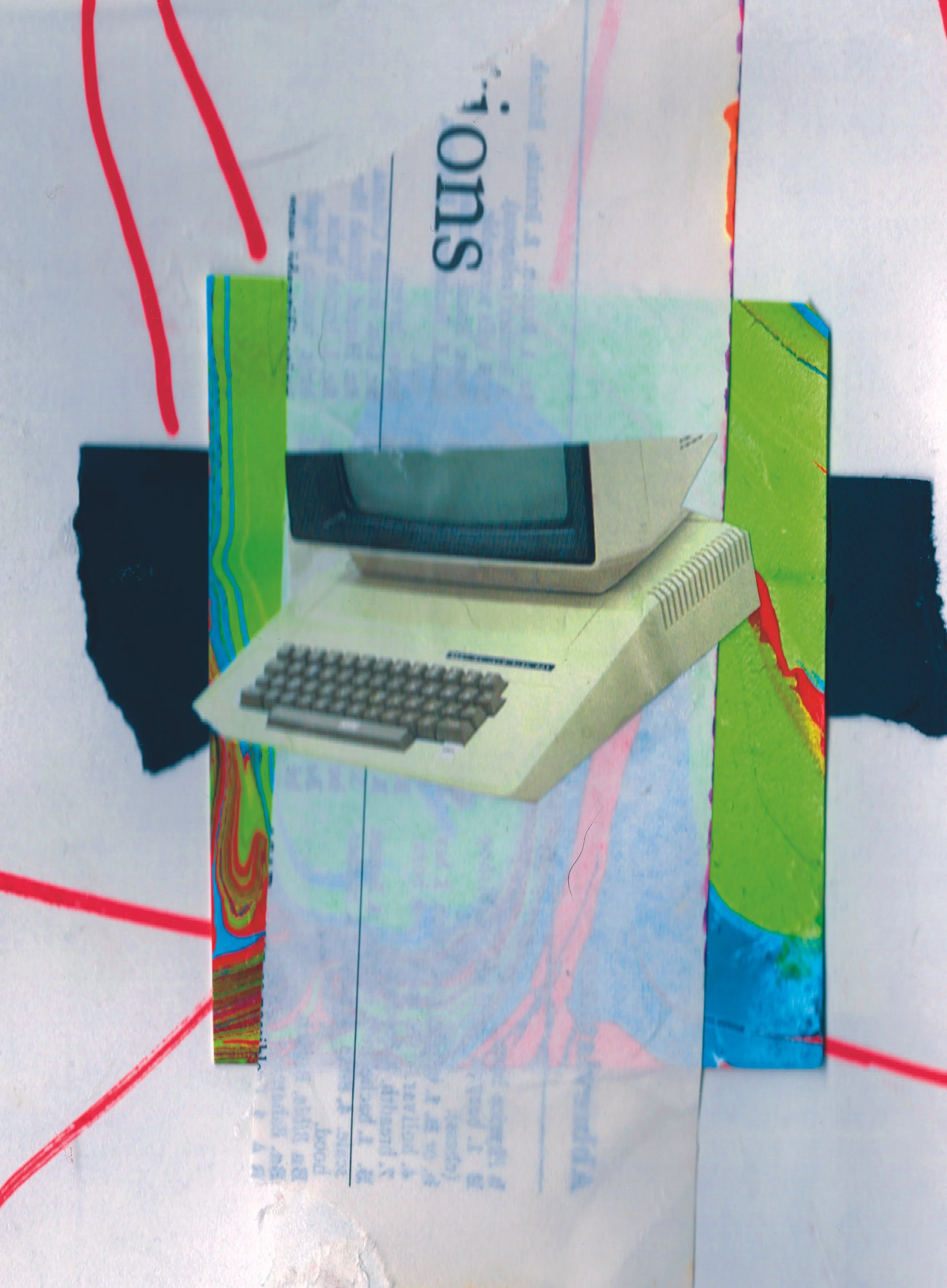 An abstract collage image featuring a vintage computer monitor and keyboard layered over torn, colorful paper splotches with lines and text.