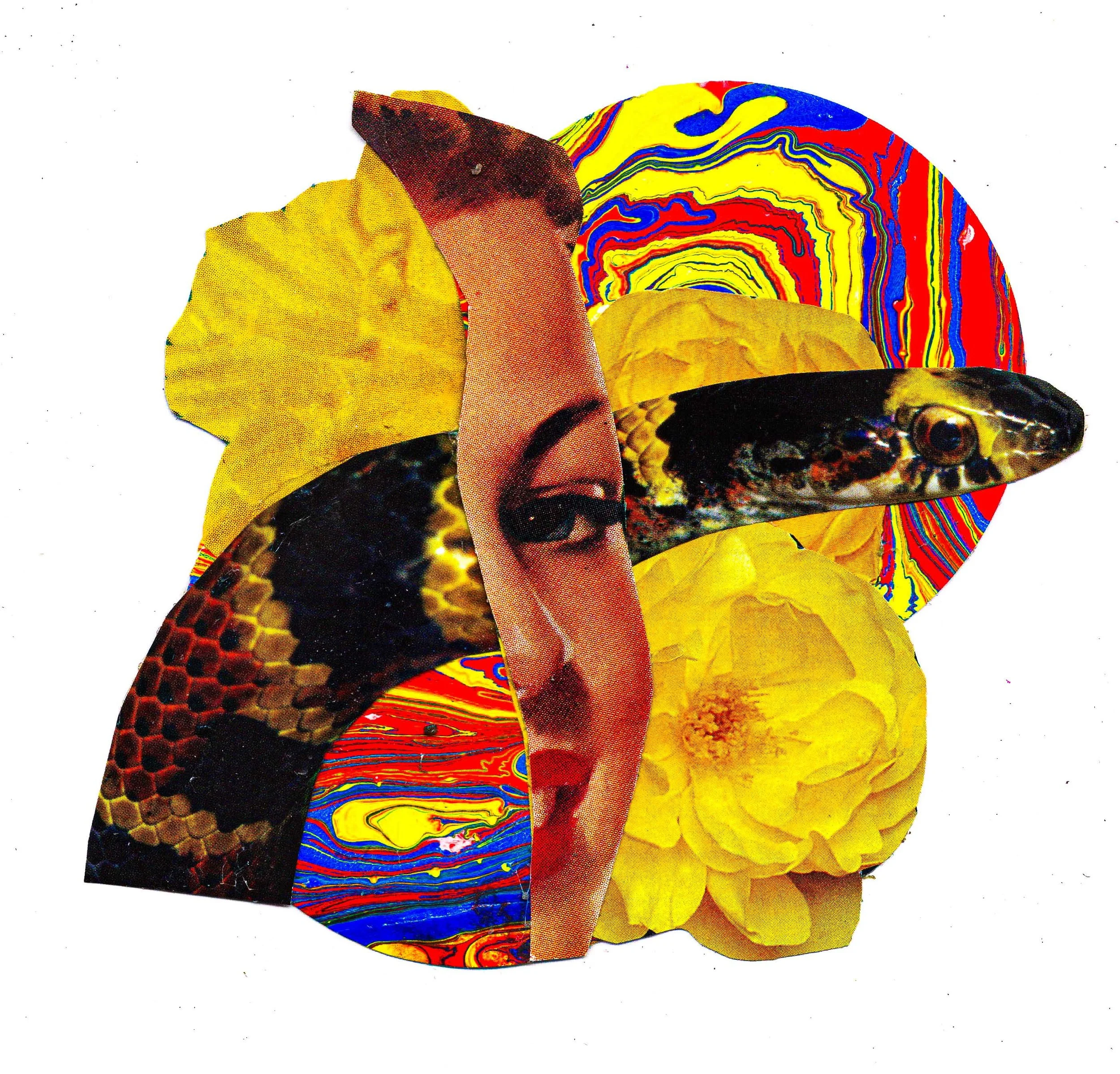 Collage image featuring half of a woman's face with a snake and yellow rose surrounding her.