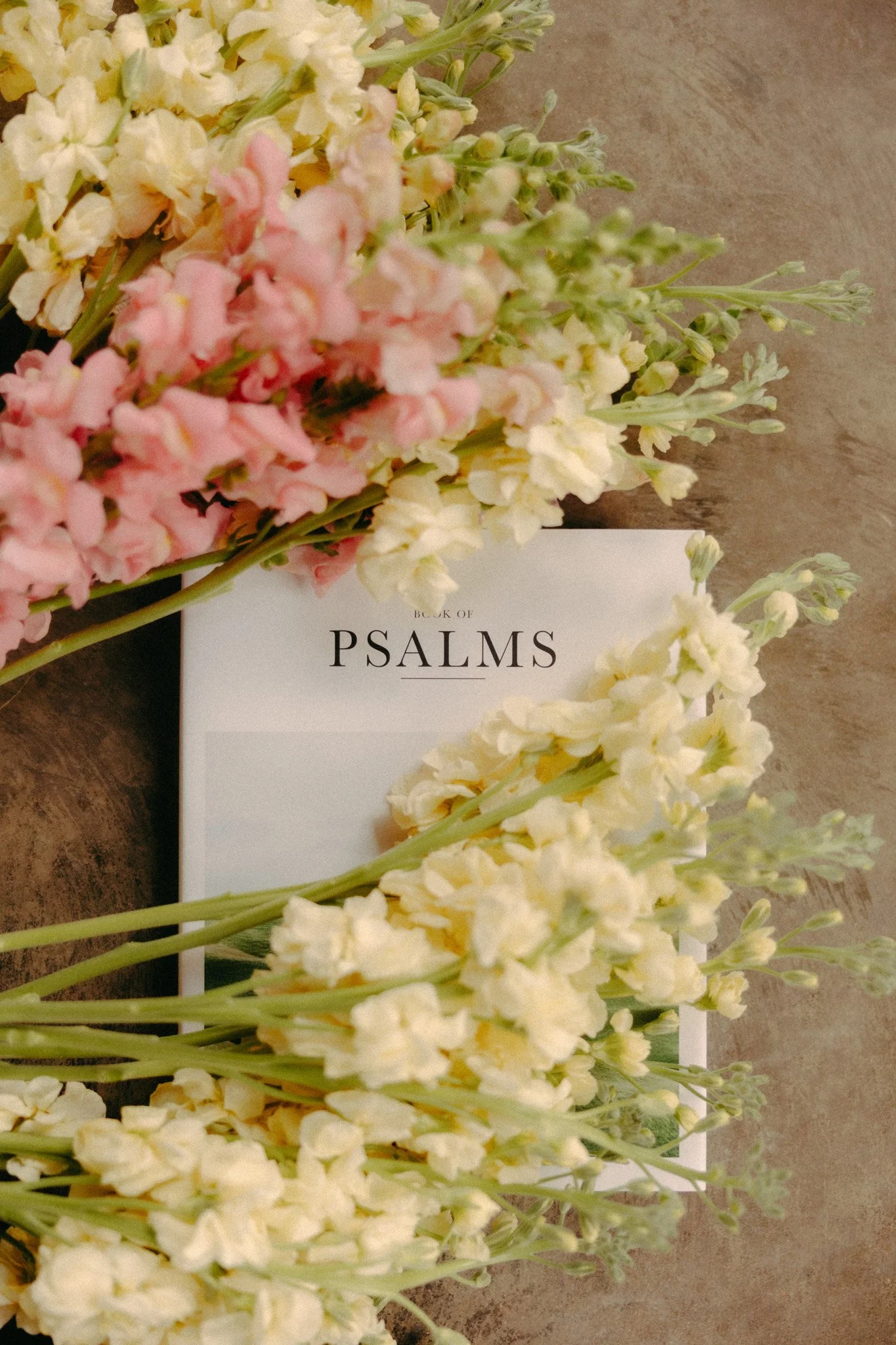 Psalms Book covered with pink and yellow stock and snapdragons.