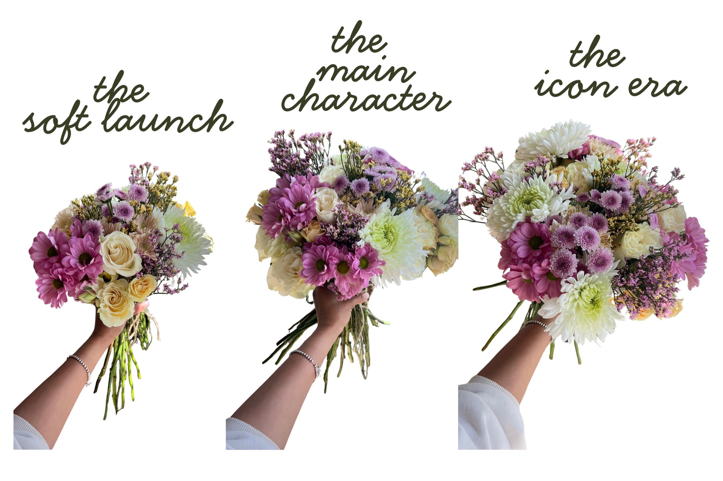 Hand holding three different bouquet sizes to represent the soft launch, the main character, and the icon era bouquet.