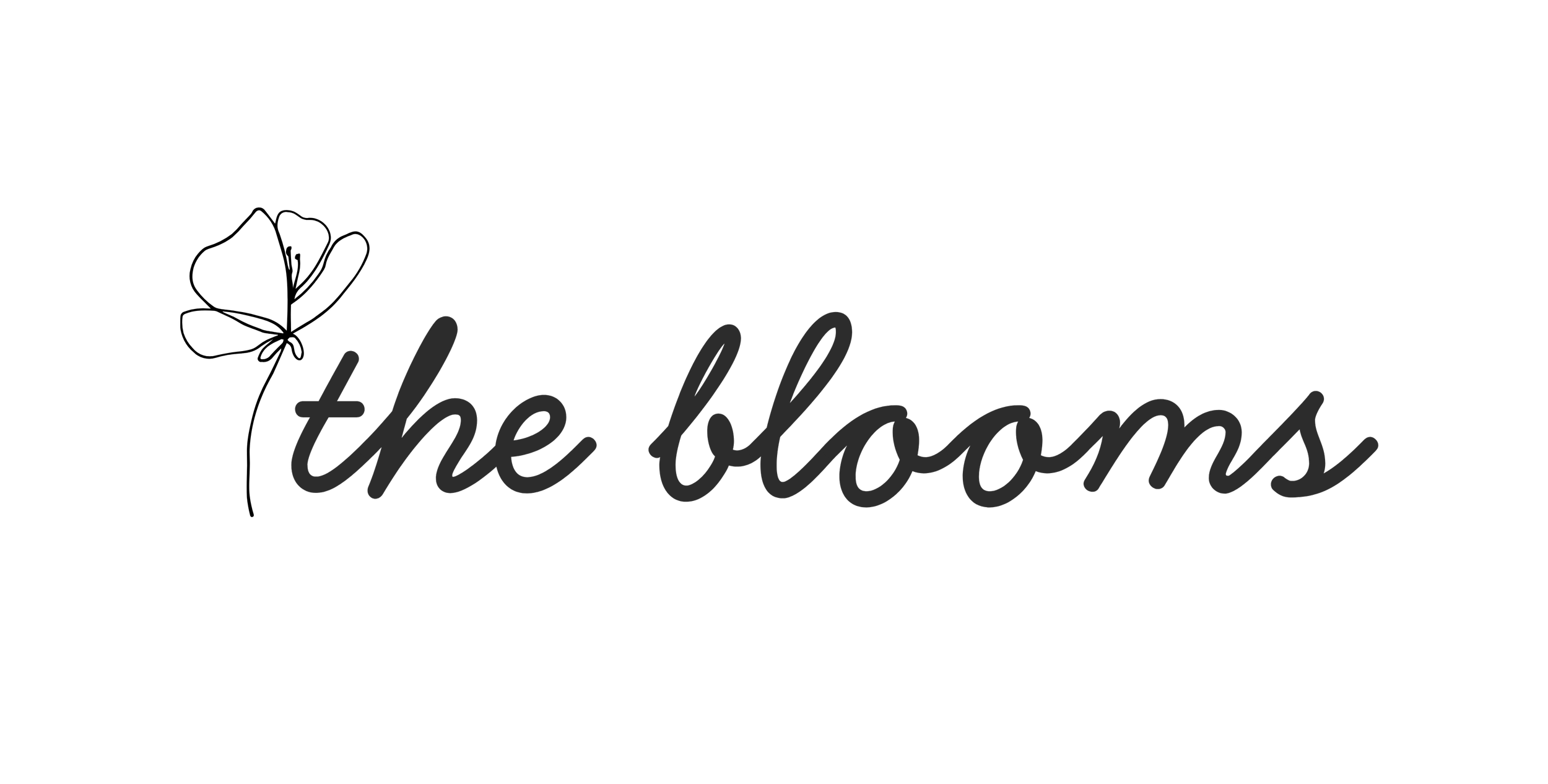 black cursive header: the blooms; line flower accent to left