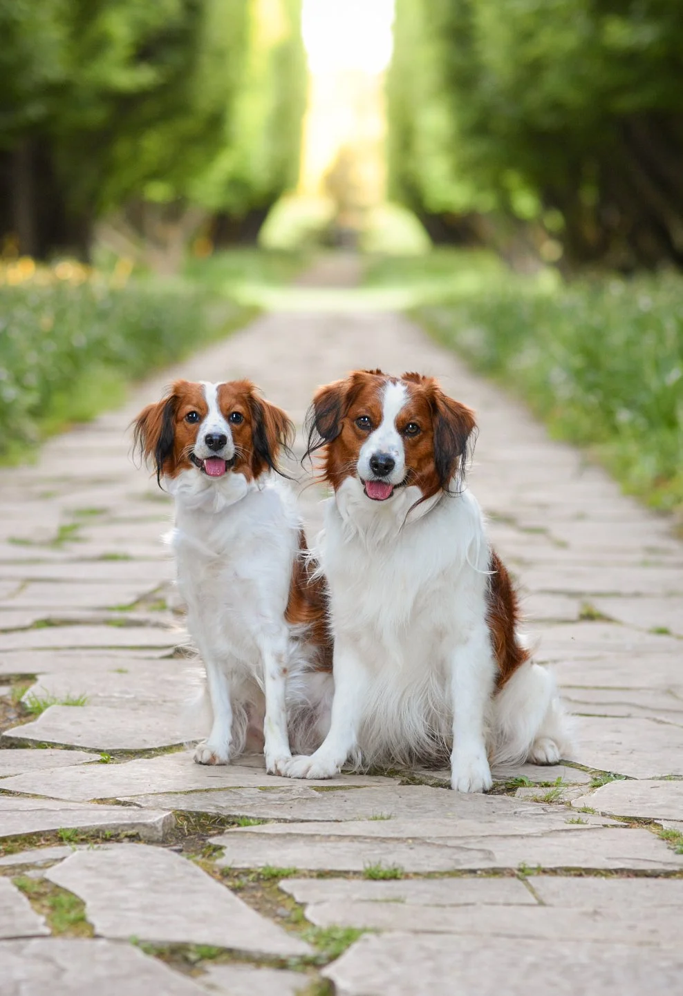 Two cute Kooikers sitting on a stone pathway in a green park, smiling and looking at the camera.