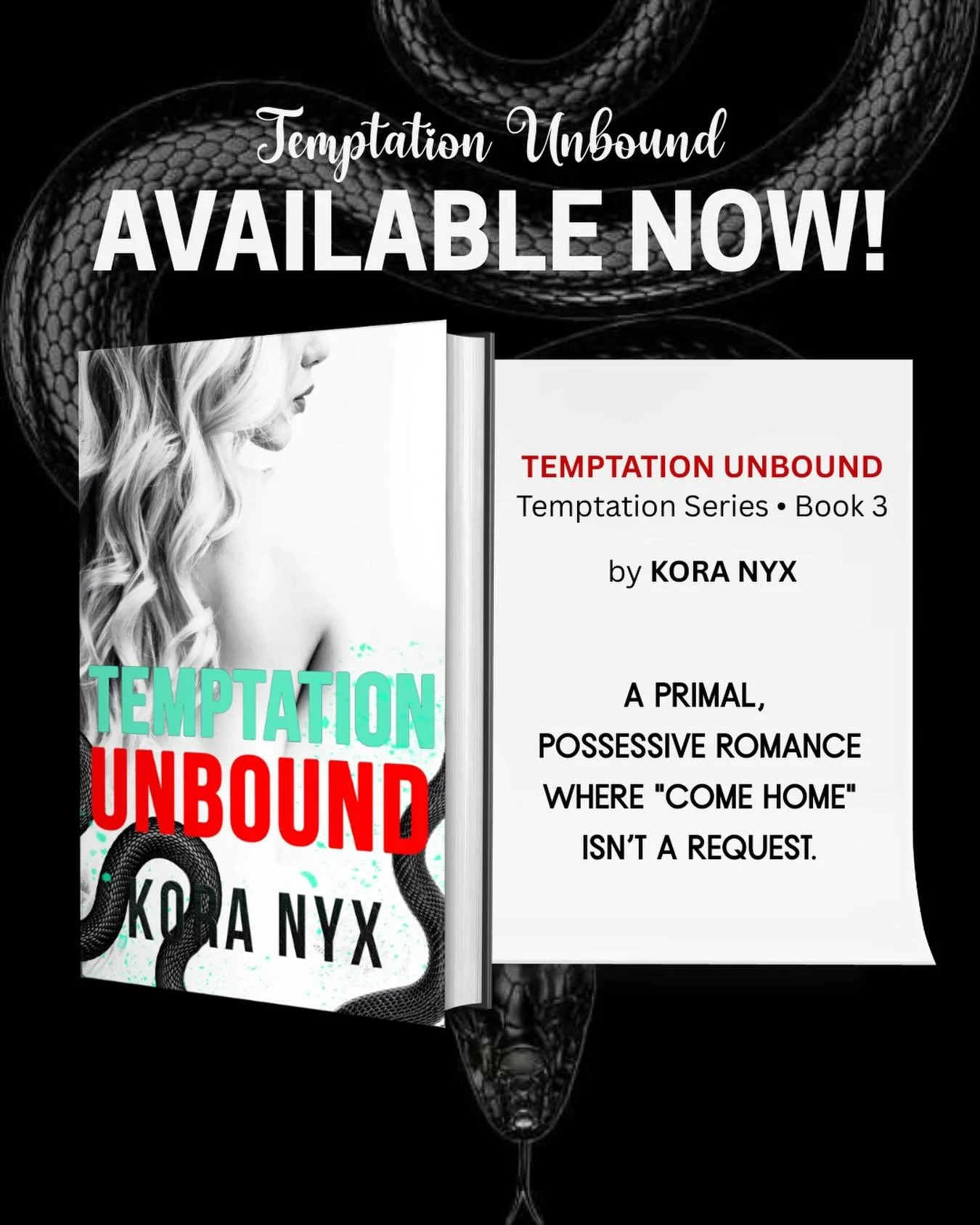 She ran. He chased.
Temptation Unbound is available now&mdash;download it today.

Amazon Link &rarr; https://www.amazon.com/Temptation-Unbound-Kora-Nyx-ebook/dp/B0B8M43JC5?ref_=saga_dp_bnx_dsk_dp 
 
 
#temptationseries #temptationunbound #koranyx
