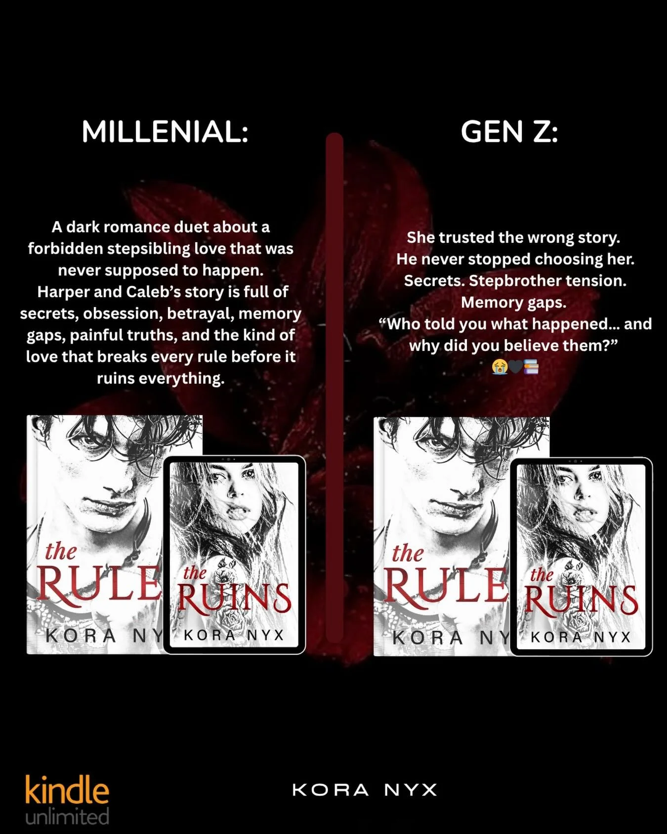 millennial: let me explain the emotional devastation.
gen z: no actually just hand me the trauma. 😮&zwj;💨🖤

either way, **The Rules + The Ruins** understood the assignment.

forbidden step-sibling chaos, secrets, betrayal, memory gaps, and a love 