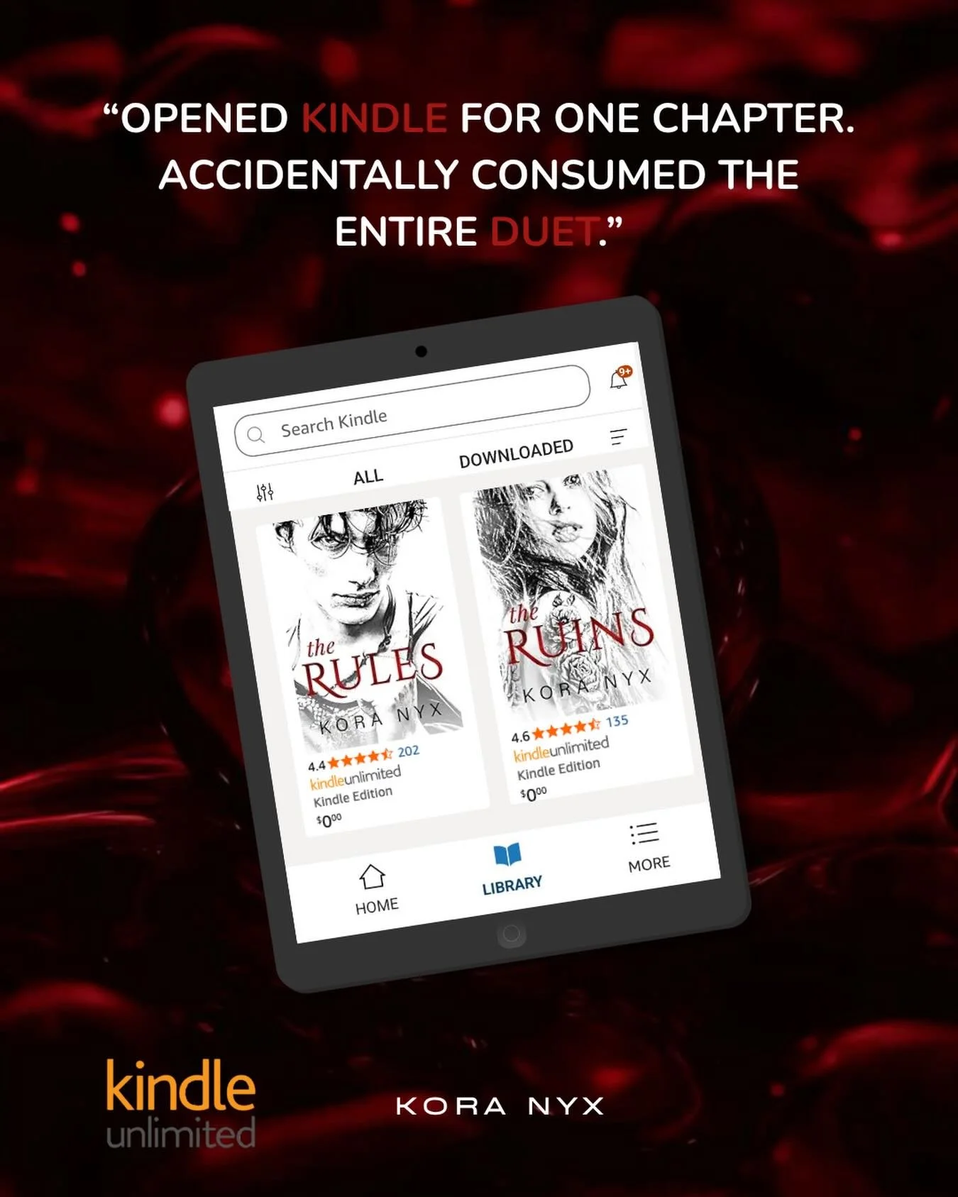opened Kindle for one chapter.
next thing I knew, I was emotionally trapped in the entire duet. 😮&zwj;💨🖤

The Rules and The Ruins are both waiting on Kindle Unlimited.
read at your own risk.

#TheRules #TheRuins #KoraNyx #KindleUnlimited #DarkRoma