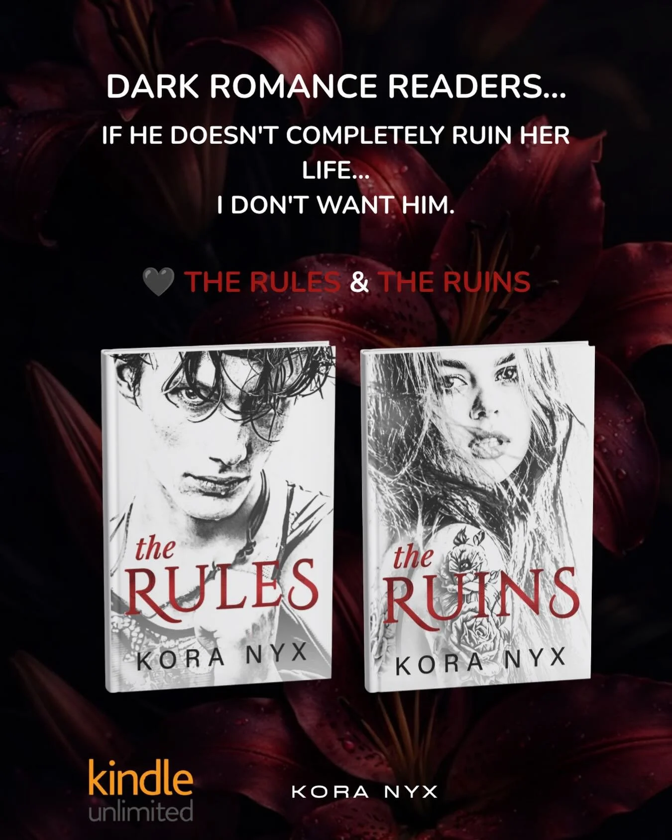 dark romance readers know the best stories leave a mark. 🖤

The Rules and The Ruins are messy, addictive, and absolutely not gentle.
two books. one unforgettable spiral.

read the duet now on Kindle Unlimited. 

#TheRules #TheRuins #KoraNyx #DarkRom