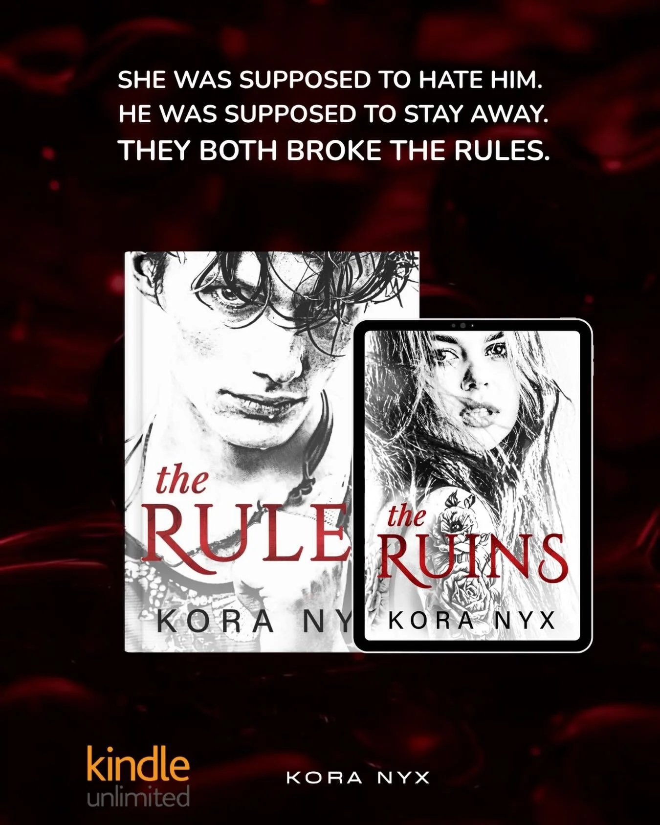 she was supposed to hate him.
he was supposed to stay away.
obviously, that didn&rsquo;t happen. 🖤

The Rules and The Ruins are both out now on Kindle Unlimited.
go ahead and ruin your own peace.

#TheRules #TheRuins #KoraNyx #DarkRomance #KindleUnl