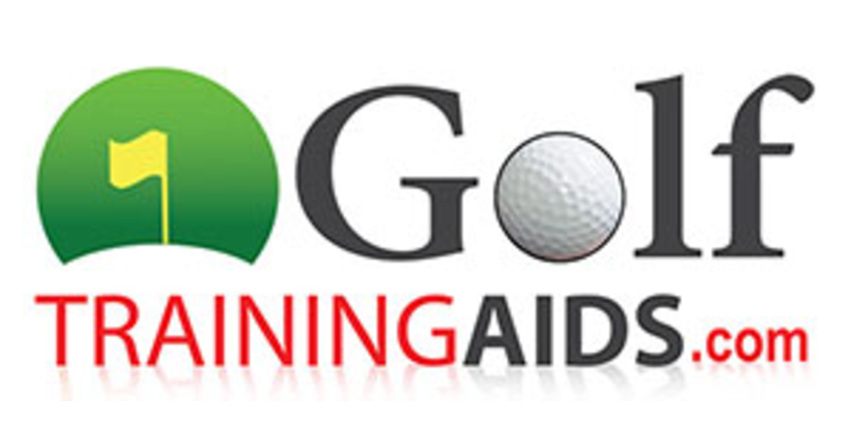 Logo of GolfTrainingAIDS.com, featuring a green circle with a yellow flag on a golf hole, the text 'Golf' with a golf ball replacing the letter 'O', and the words 'TRAINING AIDS' in red and black below.