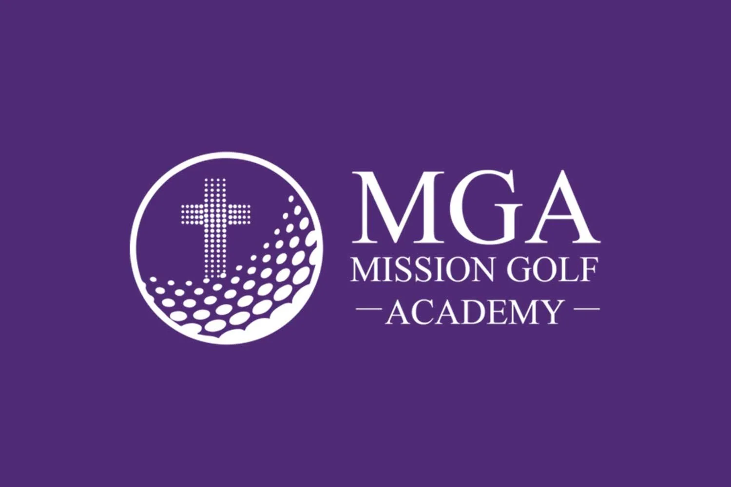 Logo of Mission Golf Academy, featuring a circular emblem with a cross composed of dots and a curved dotted pattern, with the organization's name in purple text on a purple background.