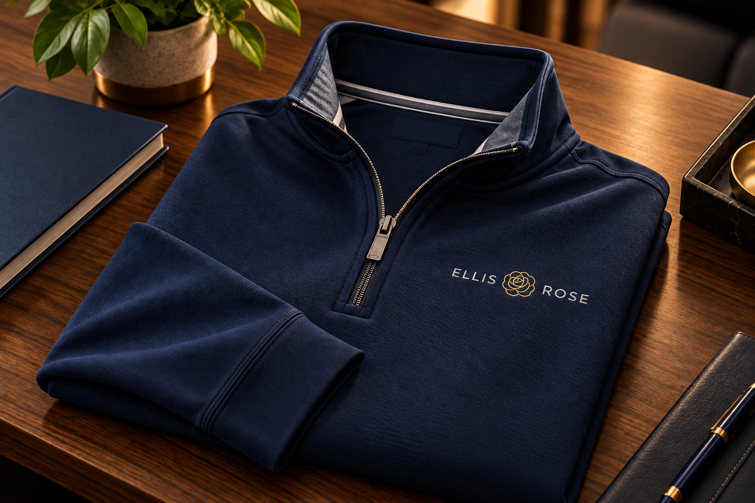 A navy blue Elliss Rose branded zip-up jacket neatly folded on a wooden desk, beside a black notebook, a blue pen, and a potted green plant.