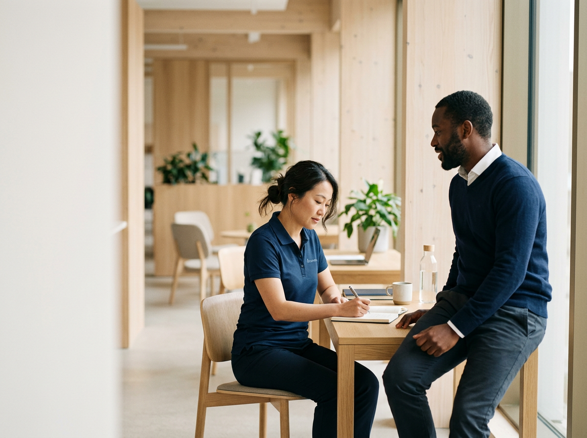 Two employees wearing corporate apparel having an impromptu meeting.
