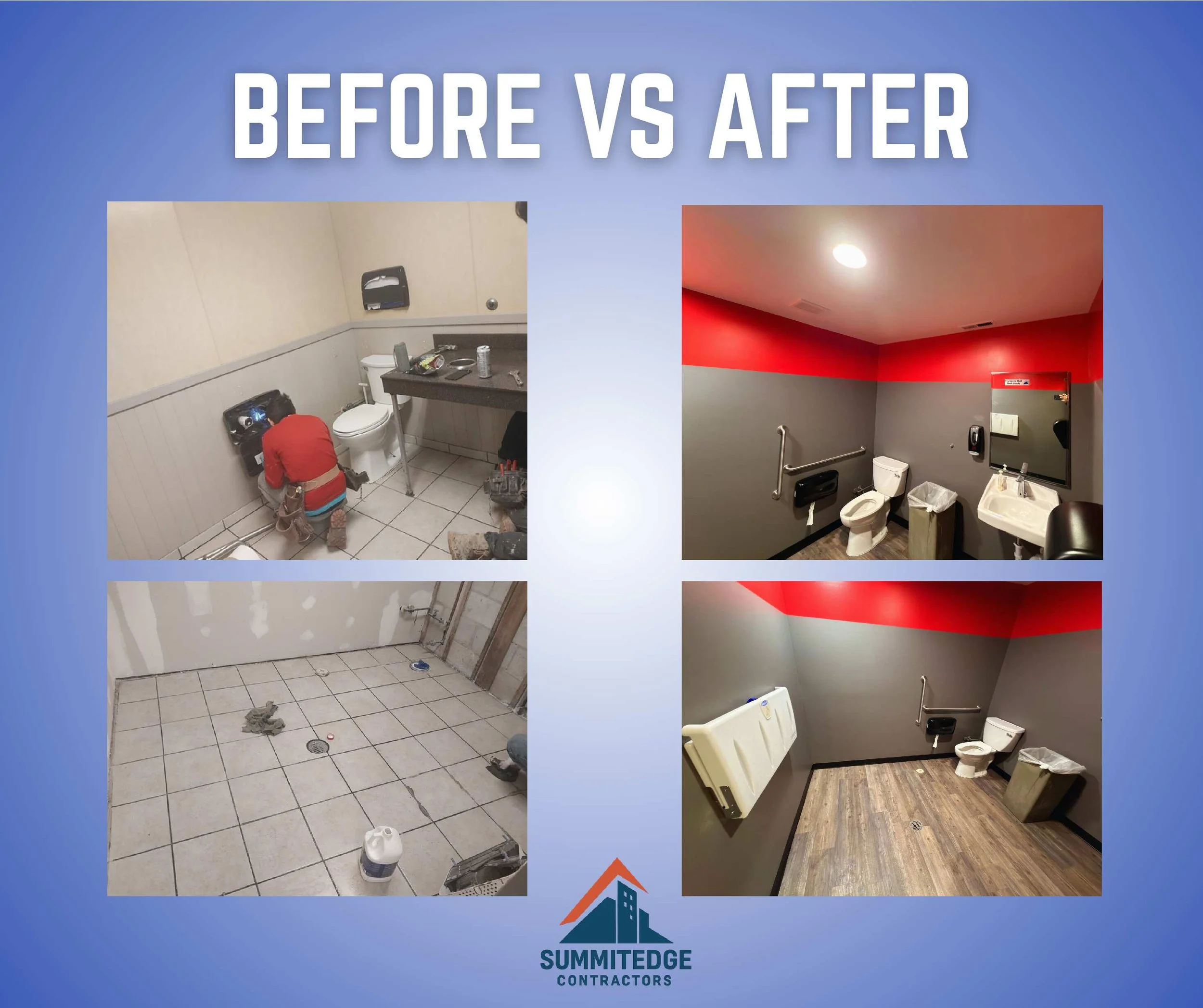 Comparison of restroom before and after renovation, with two images on the left showing construction work and two images on the right showing the finished, renovated restrooms with updated decor and fixtures.