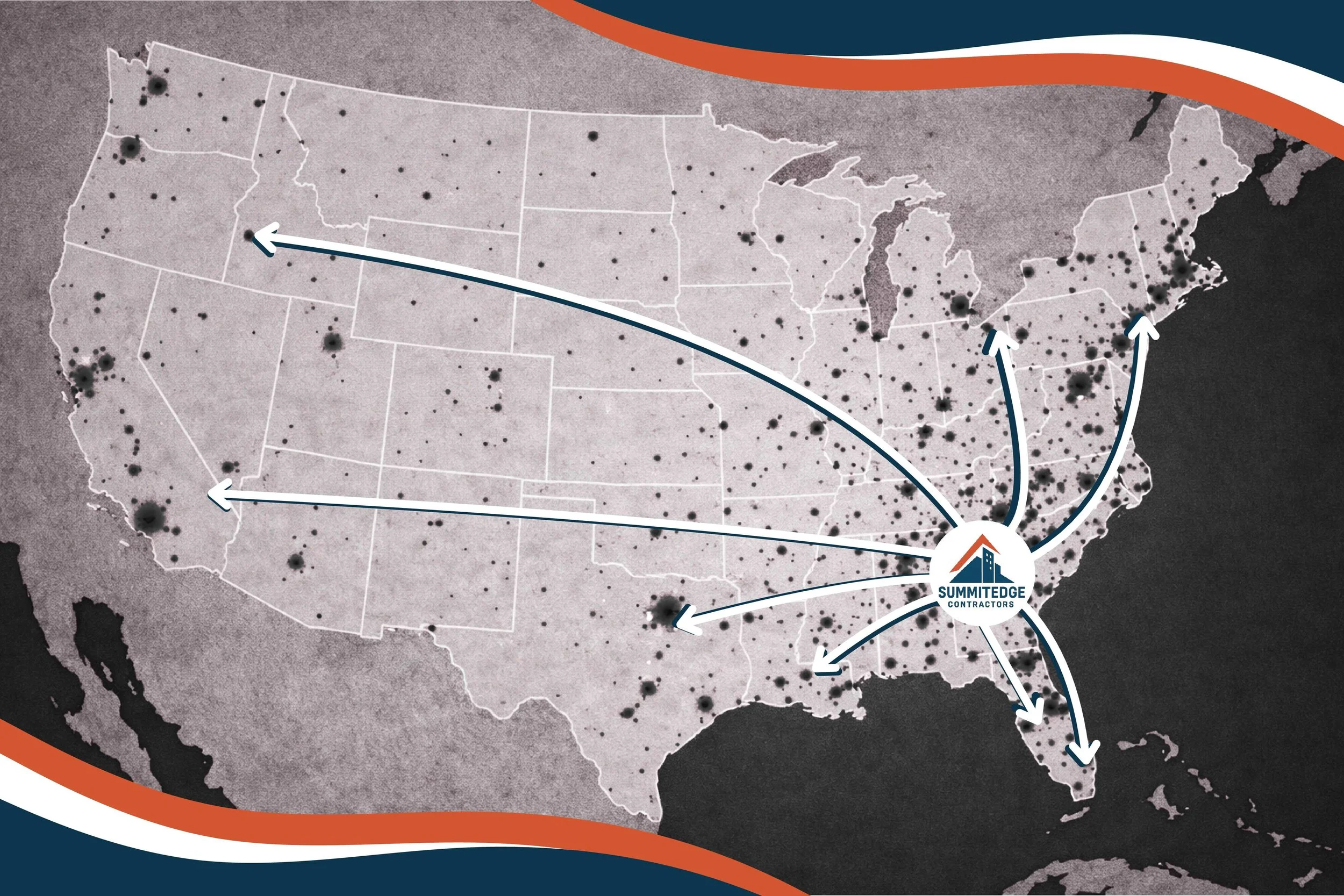 Map of the United States showing contact points for Summitedge Contractors across the country with arrows indicating service areas.