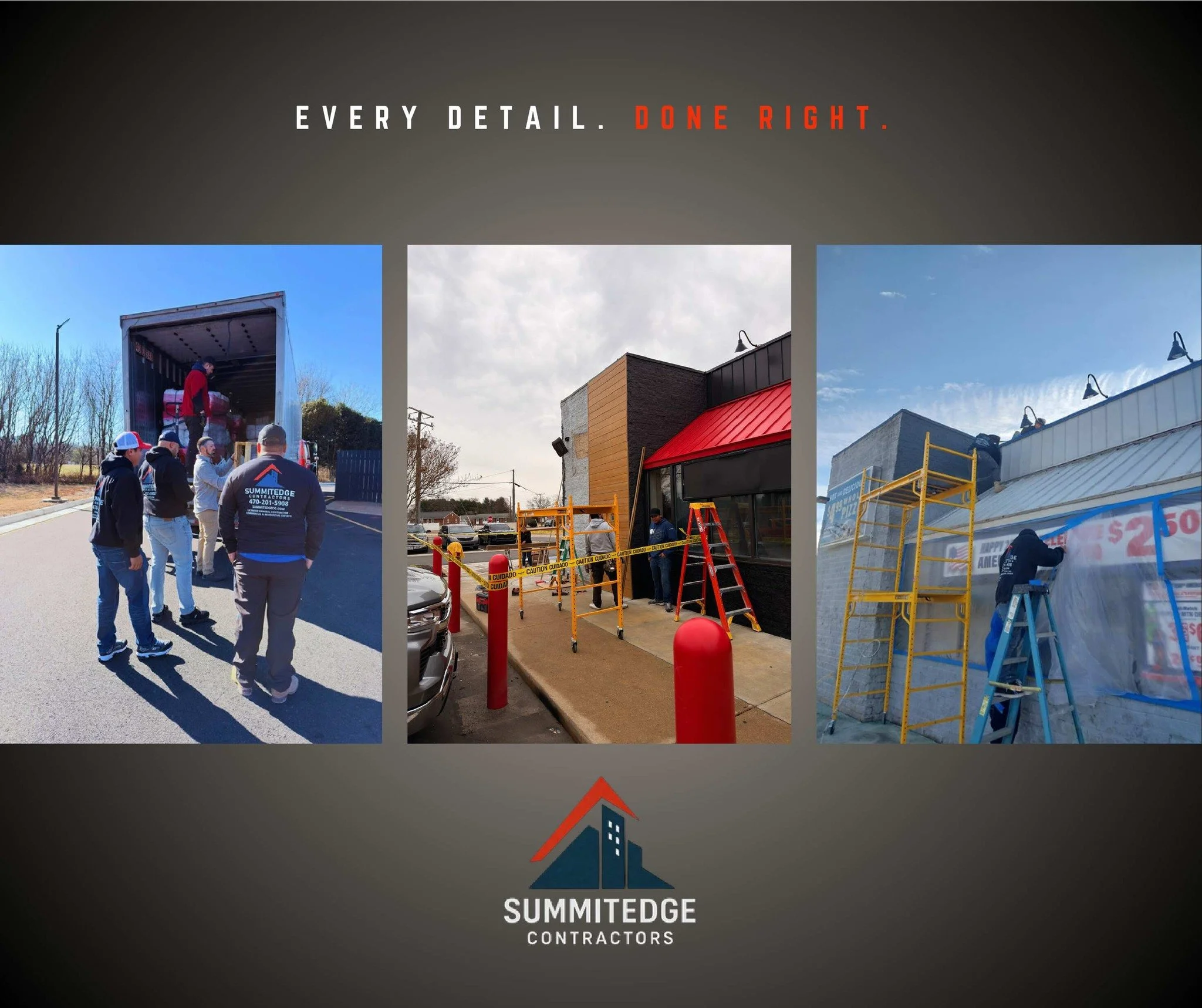 A collage of three photos showing construction workers doing exterior building work; the first with workers near an open truck, the second with workers outside a commercial building with a red roof and caution tape, and the third with a worker on a ladder attaching a sign to a storefront. The logo and text "SummitEdge Contractors" and the slogan "Every detail. Done right." are at the top and bottom of the image.