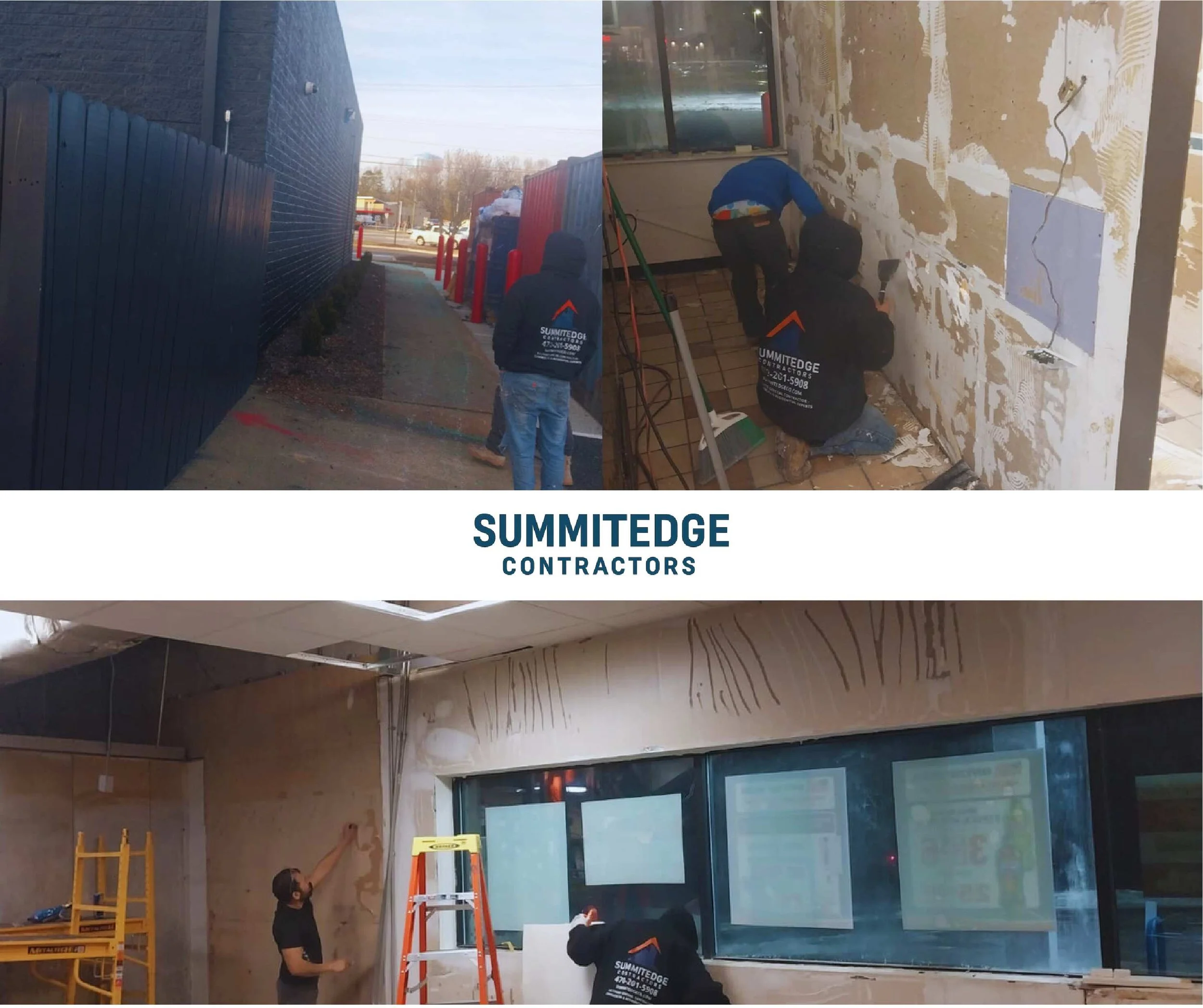 A collage showing contractors working on exterior and interior building renovations for Summitedge Contractors. The exterior photo shows workers near a blue fence and recycling bins, while the interior photo shows workers installing or finishing drywall on a wall.