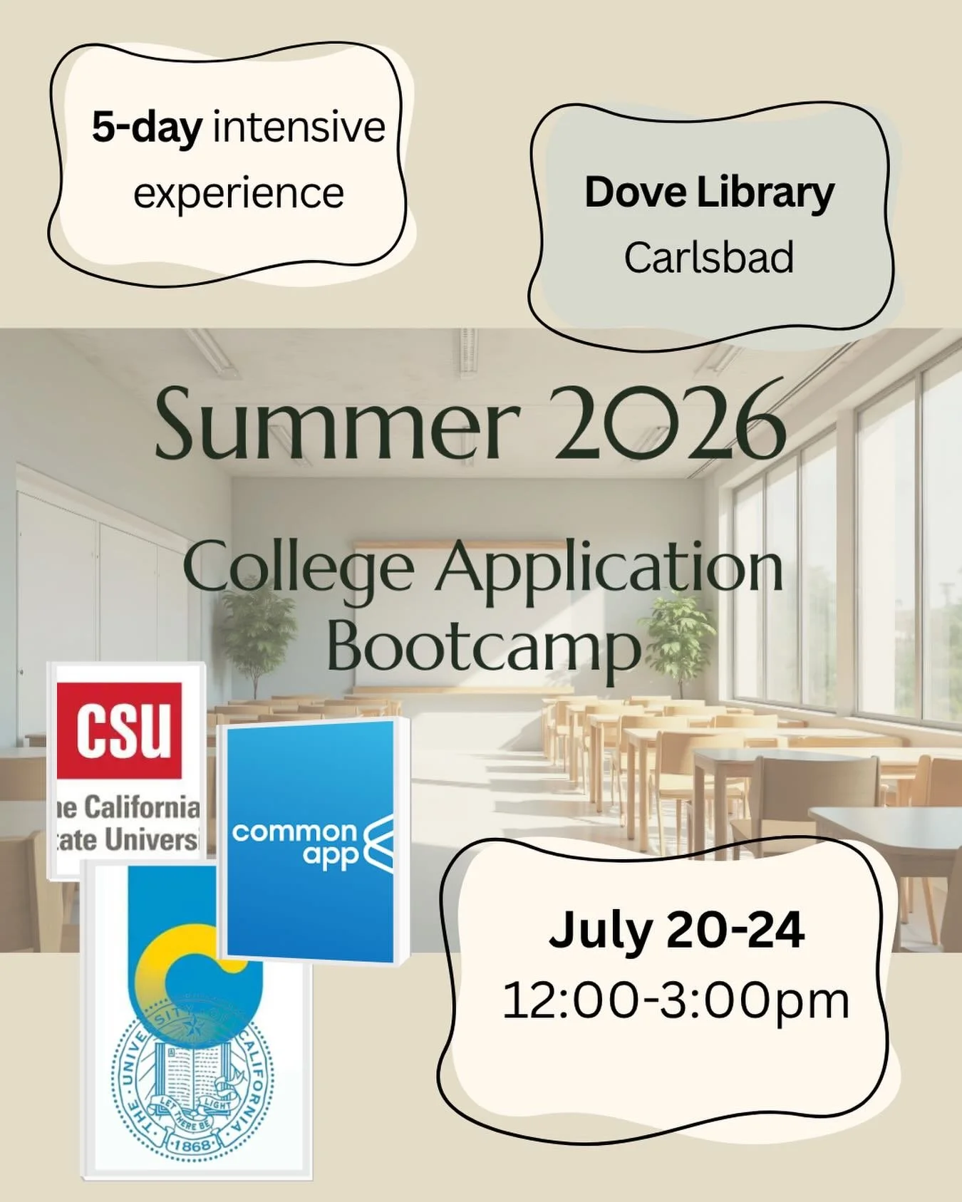 Join us this summer for an intensive, in-person, 5 day workshop designed to help students complete college applications!

⚖️ Create a balanced college list
📝Write college essays
🎼Make a resume and activity list
🏫Develop an admissions strategy plan