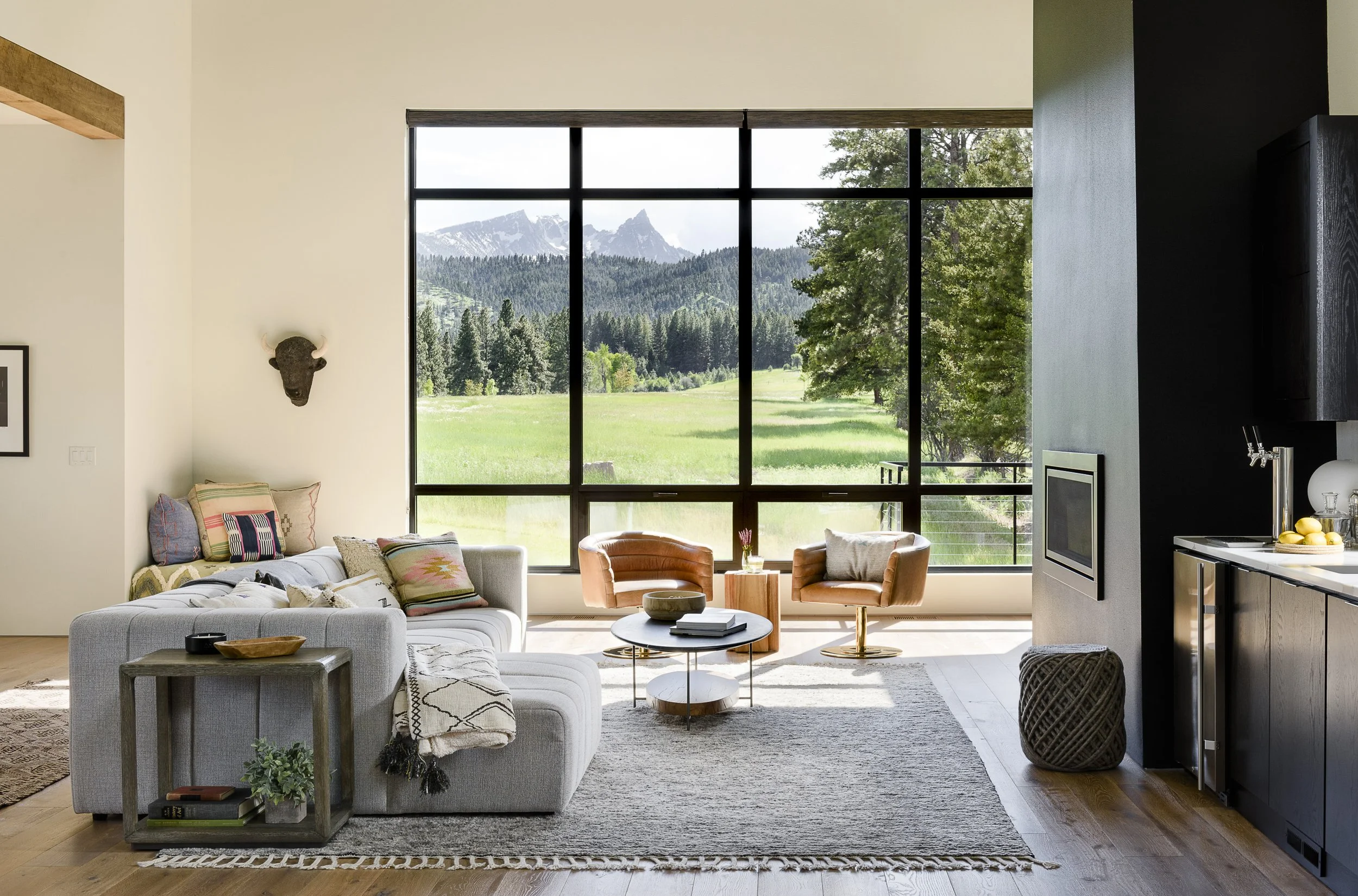 Modern Living Room with Wall-to-Wall Windows and Modern Black Fireplace