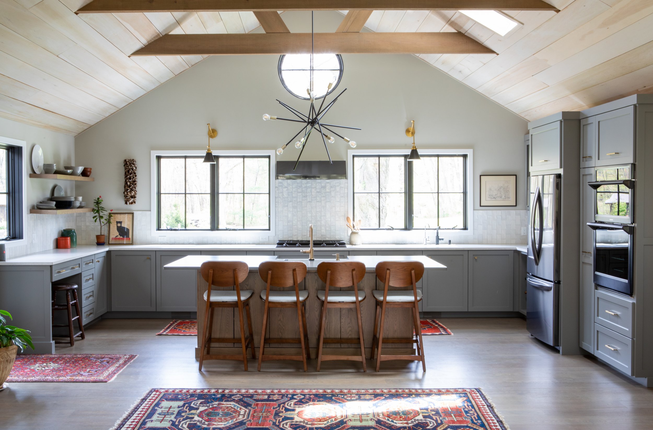 kitchen with vaulted wood ceiling