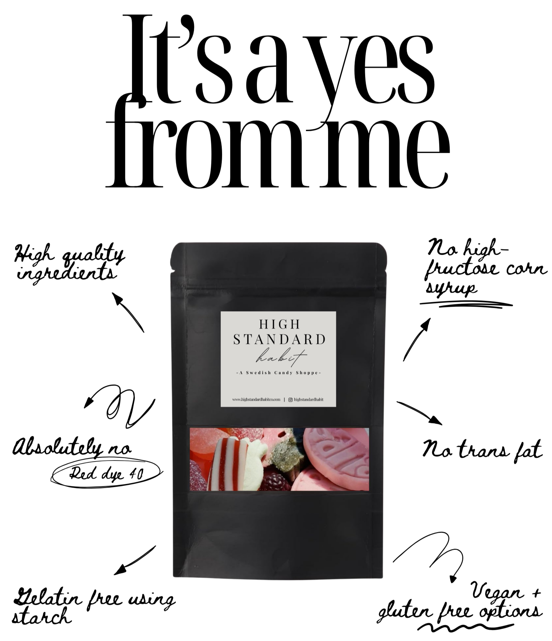 Black packaging bag of candies with white label reading "High Standard Habit, A Swedish Candy Shoppe" and a colorful image of assorted candies including gummies, soft chews, and licorice.