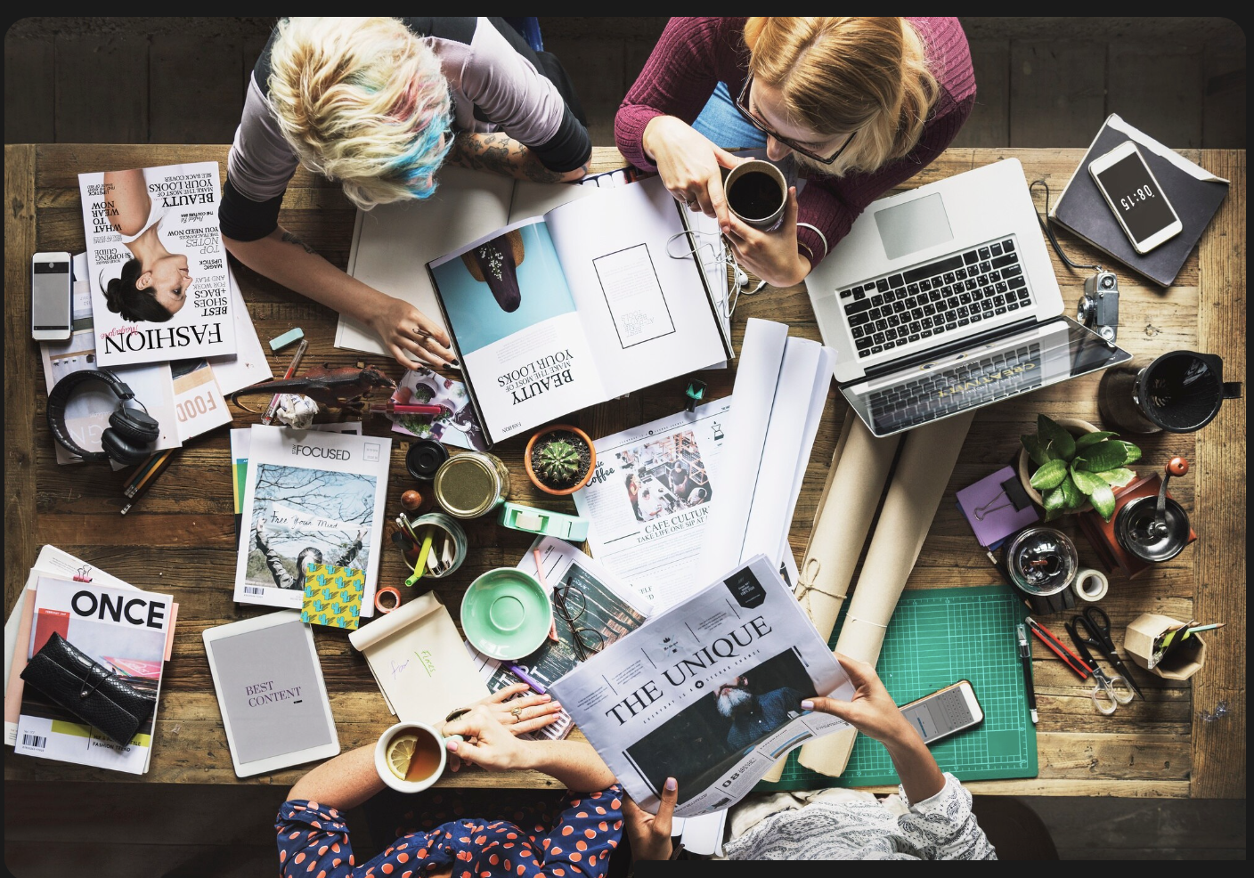 Overhead view of a creative team communicating