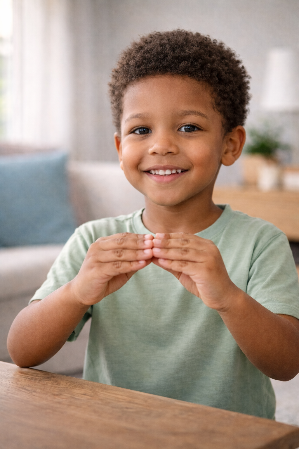 Young child signing ‘more’ in American Sign Language during an ABA therapy session in a home setting.