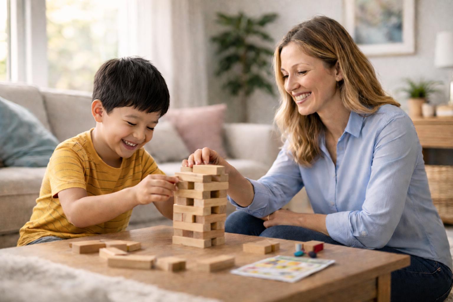 Young child and female therapist sitting on the floor building a Jenga tower together in a warm, home-based ABA therapy setting.
