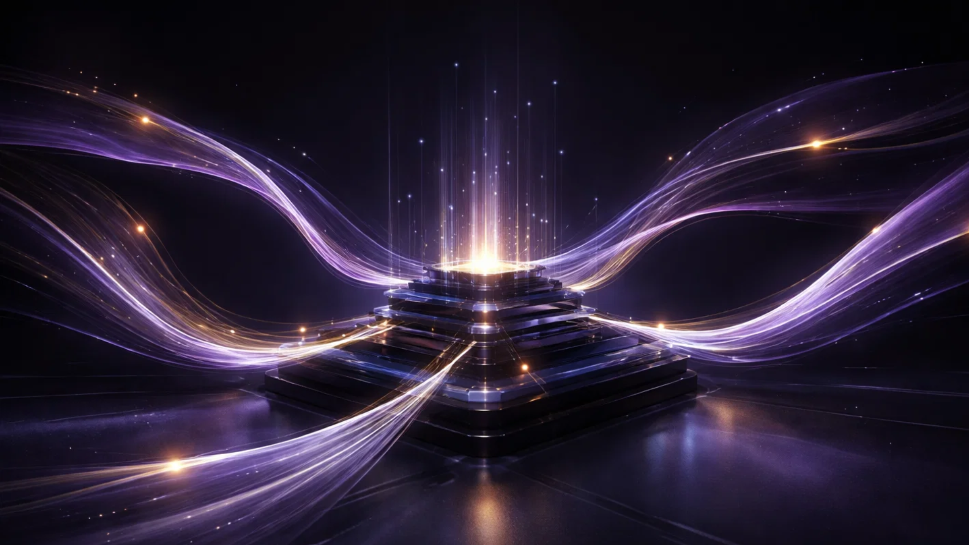A digital representation of a futuristic energy source with purple and gold swirling light streams emanating from a stacked, platform-like core.