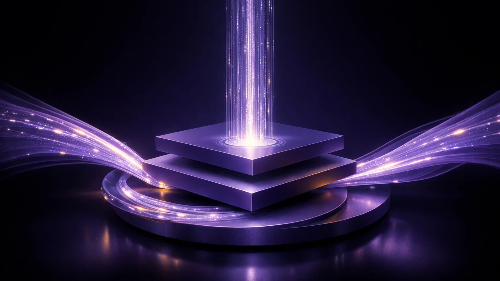 Futuristic digital platform with glowing purple and white light beams and flowing light trails, representing brs Bow River Solutions Career Opportunities.