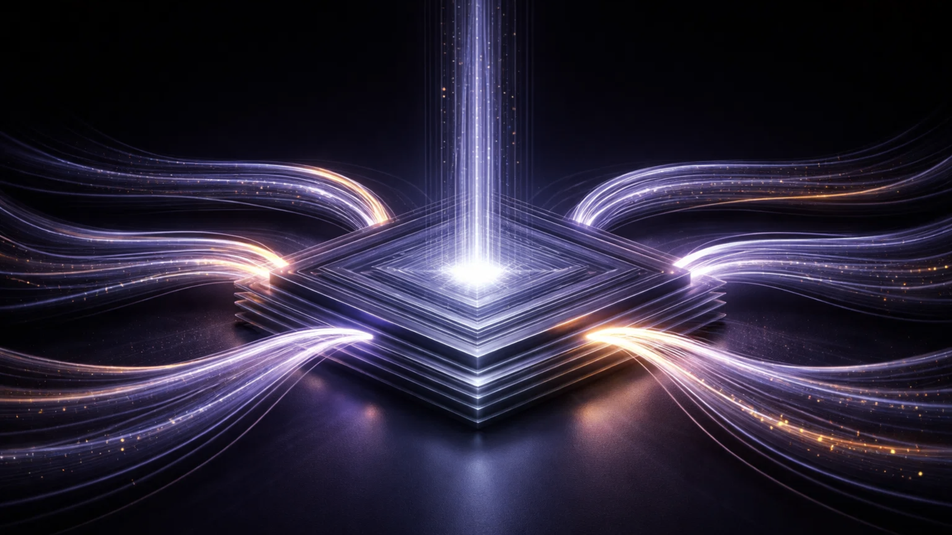 Futuristic digital platform with glowing purple and white light beams and flowing light trails, representing brs Bow River Solutions as a Company.