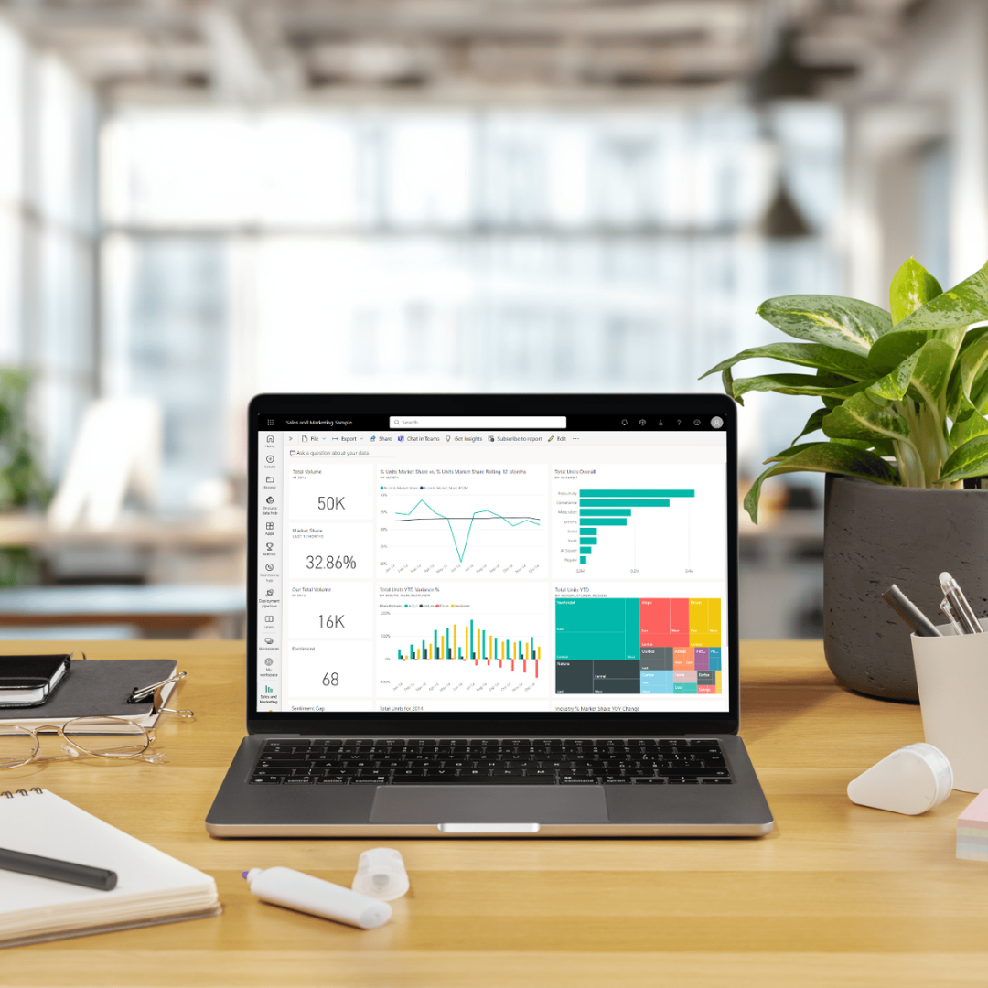 A laptop displaying a Microsoft Power BI Report