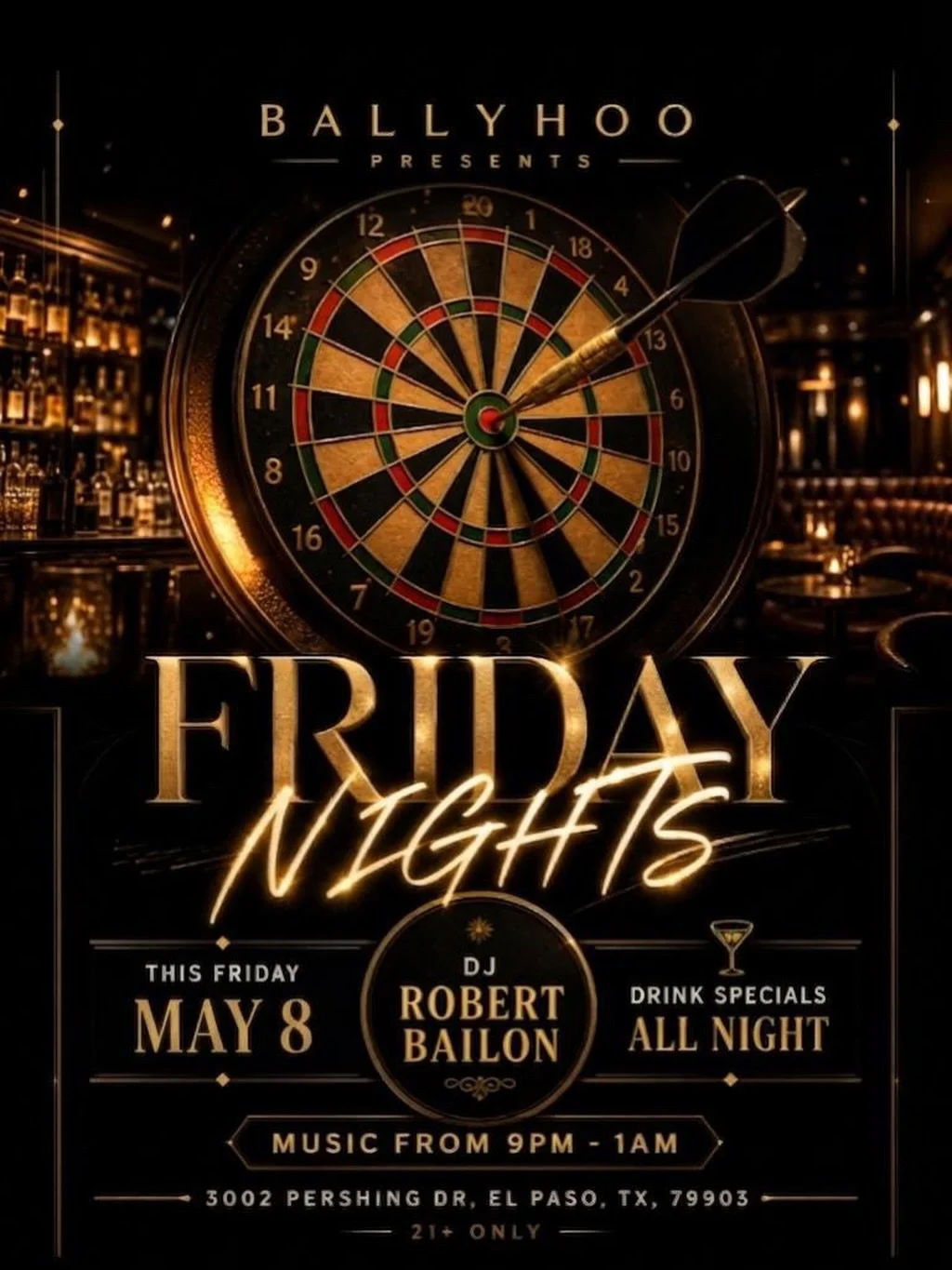 Tonight at Ballyhoo: cocktails, darts, drink specials, and a proper Friday night out in Five Points.

Grab a lane, bring the group, and settle in for the night. DJ Robert Bailon will be setting the soundtrack from 9PM&ndash;1AM, with specials running