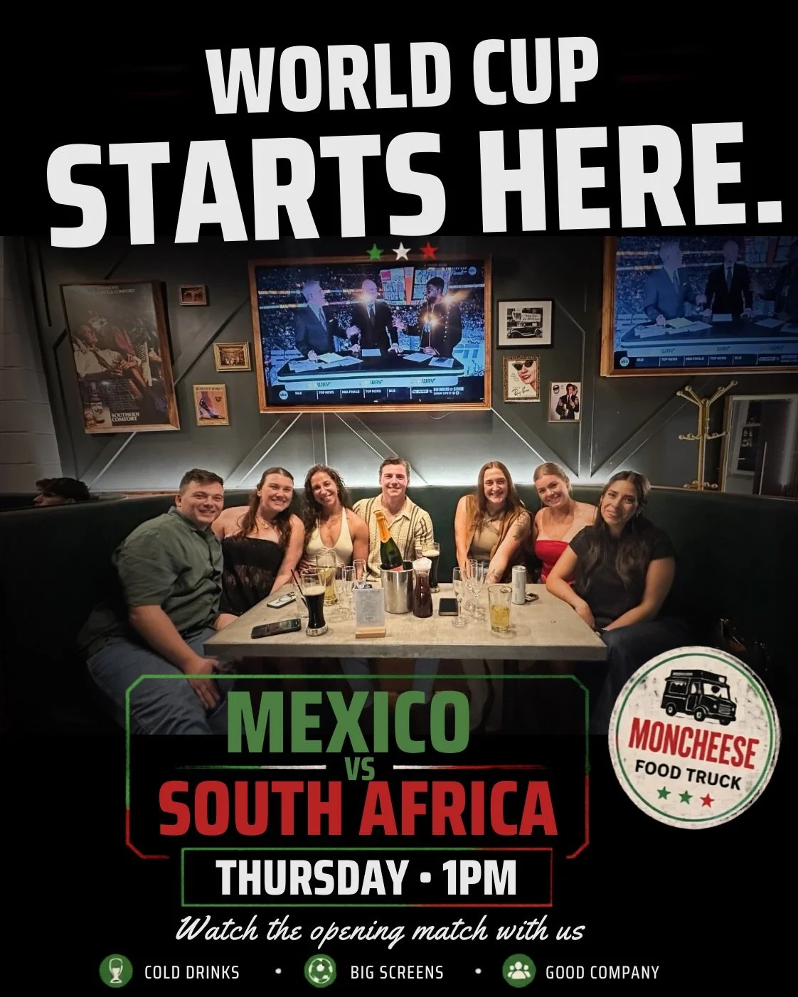 The World Cup starts here. ⚽️

Mexico vs South Africa kicks off at 1:00 PM at Ballyhoo Social House. We open at 12:30 PM, with Moncheese food truck on site and cold drinks ready to go.

Come early, grab a seat, and make a little noise.

📍3002 Pershi