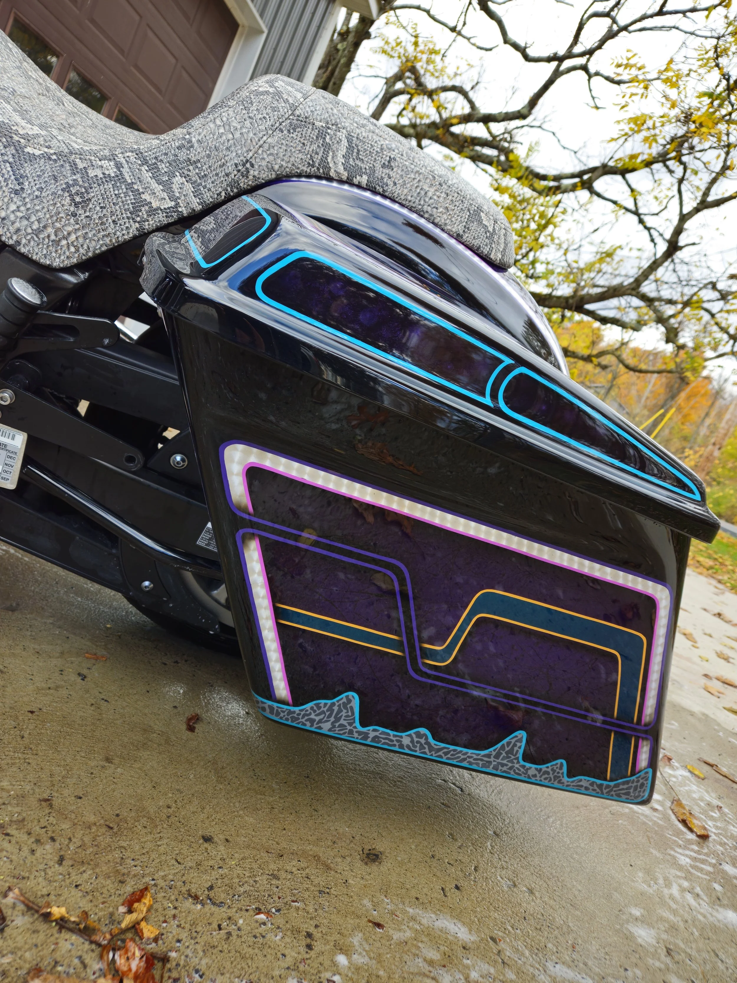 A black motorcycle with custom neon-colored outlines and patterns on its side and front, parked on a wet concrete driveway with a house, trees, and autumn leaves in the background.