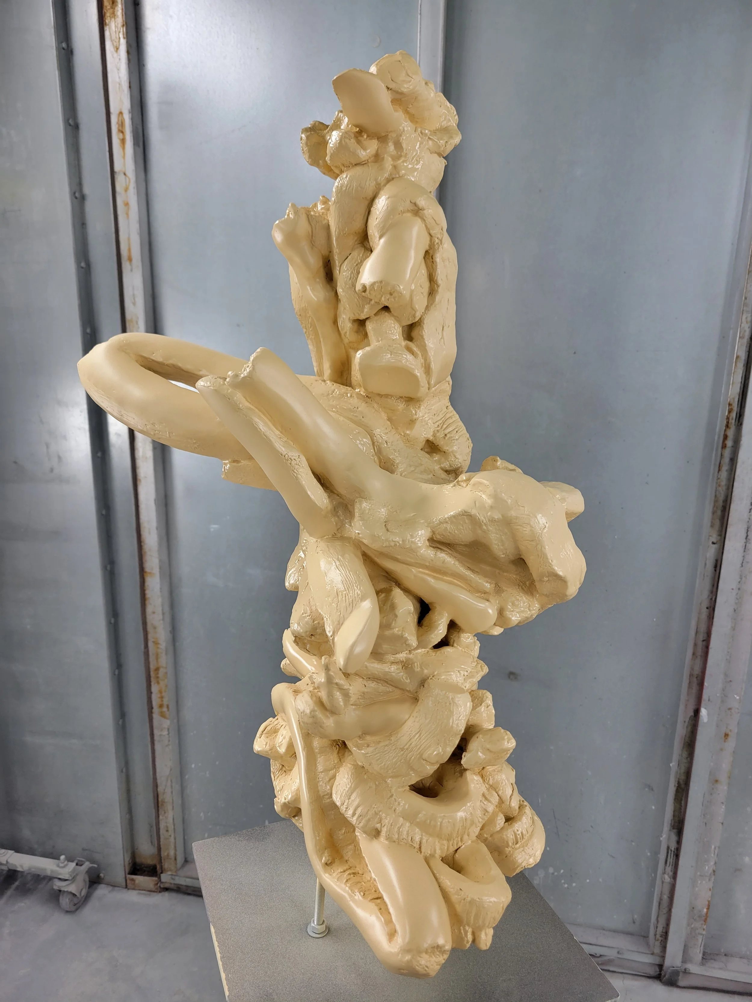 A beige-colored anatomical model of a human spinal cord and vertebrae displayed on a stand against a metallic background.
