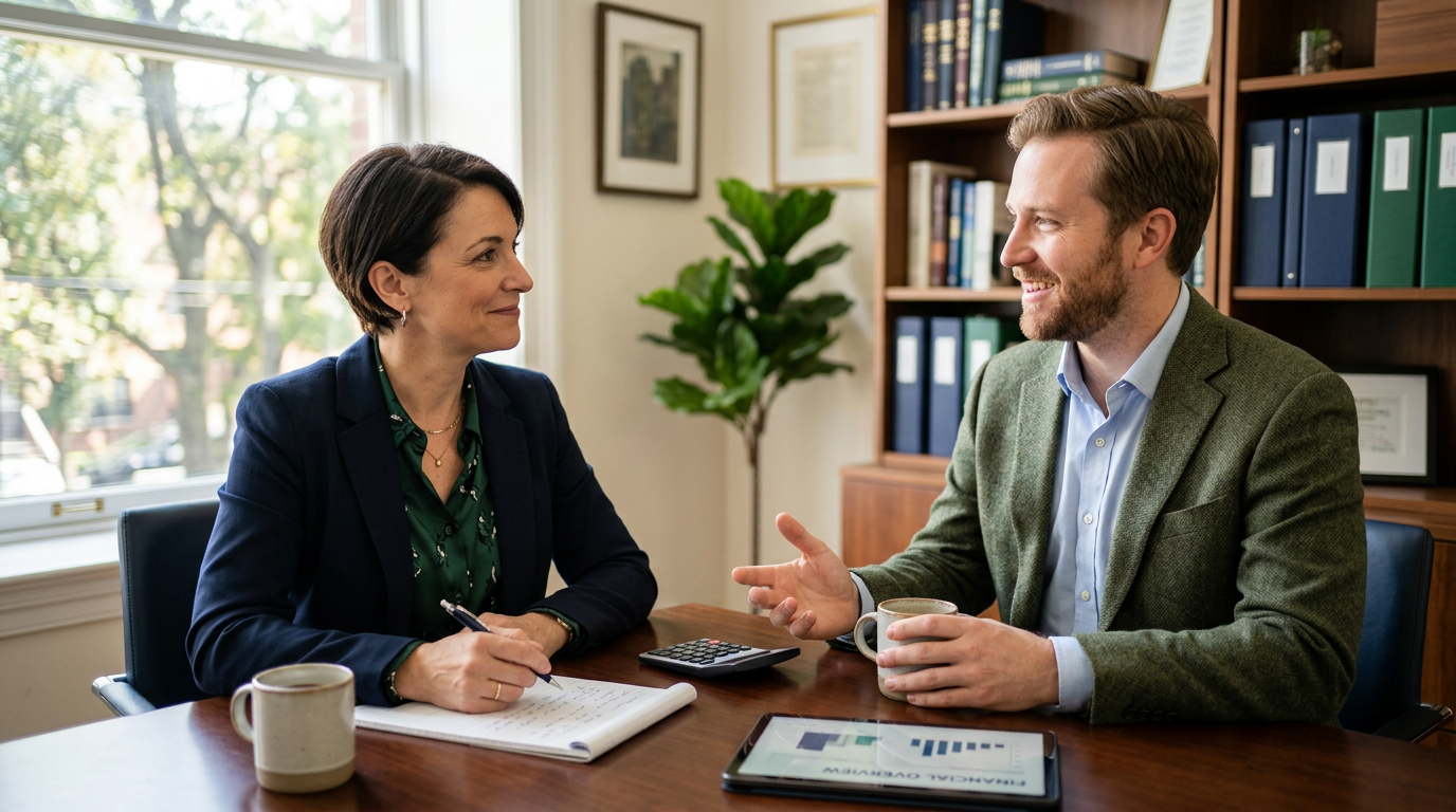 A woman and a man are sitting at a table in a bright office, engaged in a conversation. The woman is taking notes, and the man is holding a coffee mug, smiling. There are bookshelves and large windows behind them.