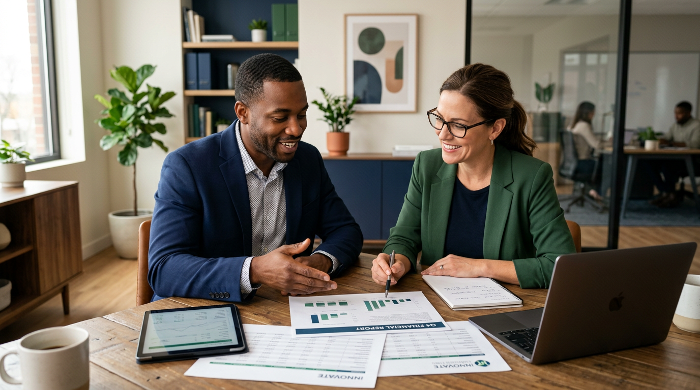Two professionals, a man in a blue blazer and a woman in a green blazer, sit at a desk discussing reports and charts in a modern office. They are smiling and engaged in conversation with a laptop, tablet, and coffee cups on the table.