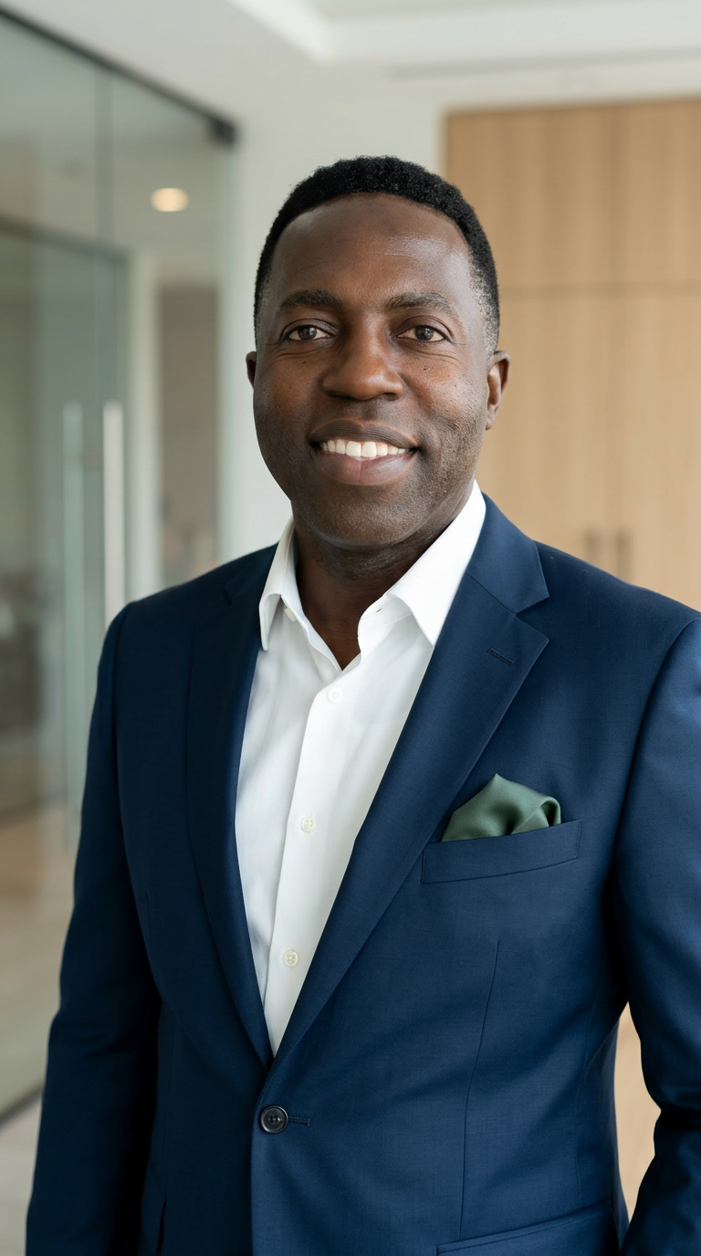 A smiling Black man in a navy blue suit with a white shirt and a green pocket square standing in a modern office.