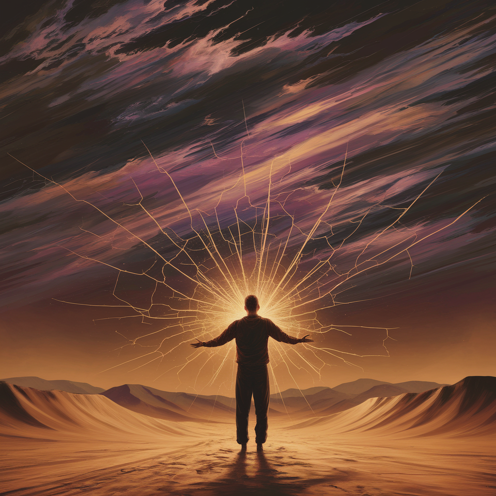 A person with arms outstretched standing in a desert landscape at sunset, with a glowing light and lightning-like streaks emanating from their back, under a colorful sky with clouds.