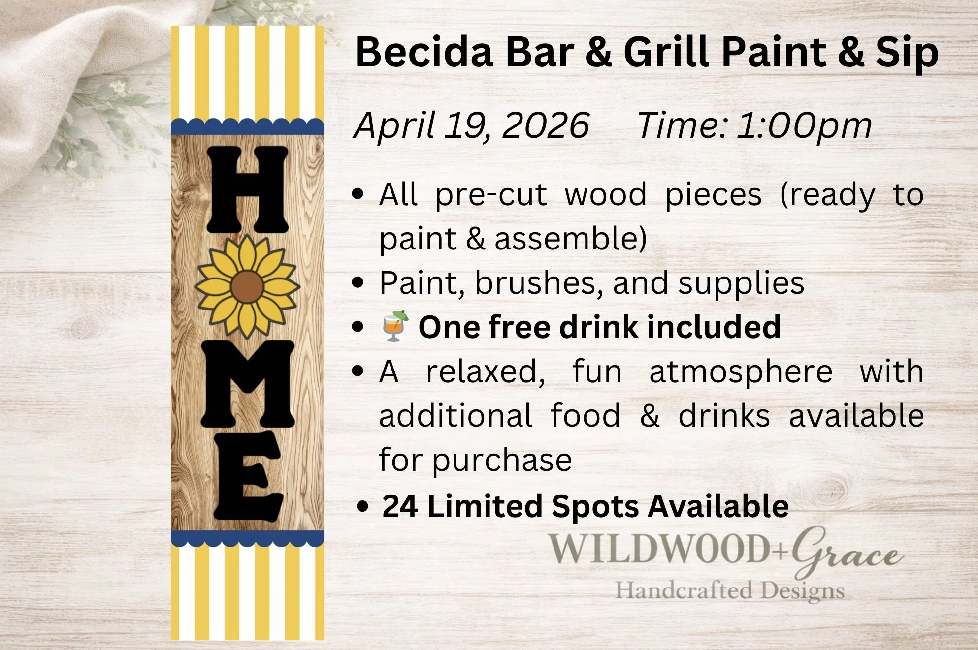 🌻Becida Paint & Sip | Home Sunflower Porch Leaner 🌻- April 19th, 2026