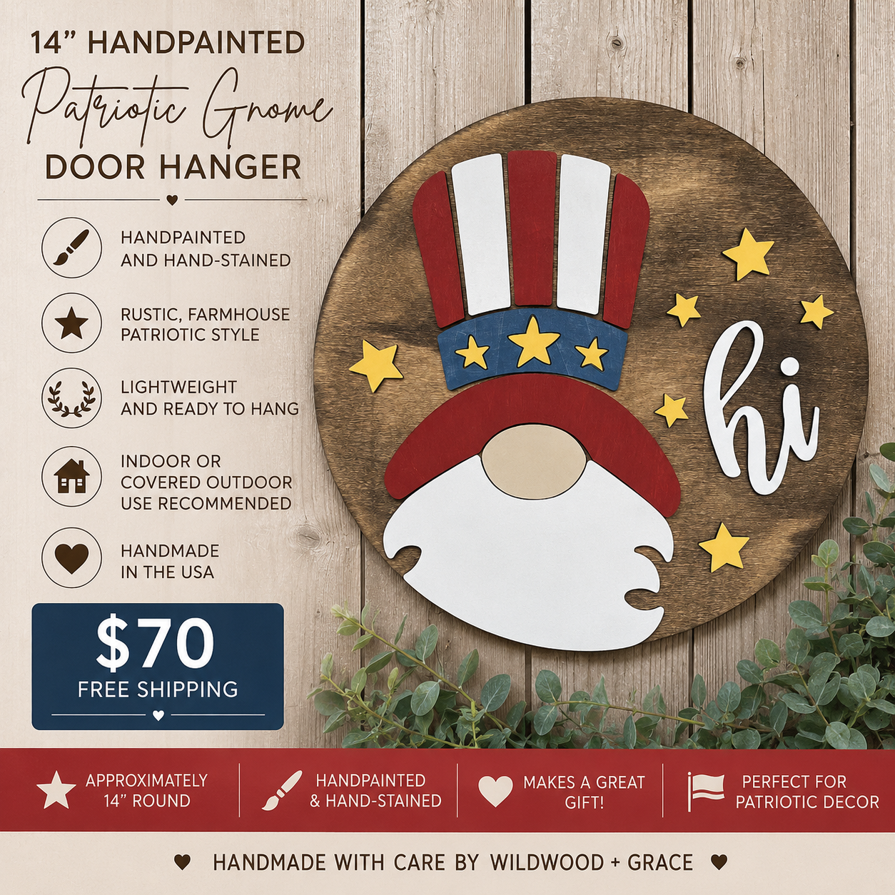 14” Patriotic Uncle Sam Gnome Door Hanger | Rustic Americana Wood Sign | Fourth of July Porch Hanger