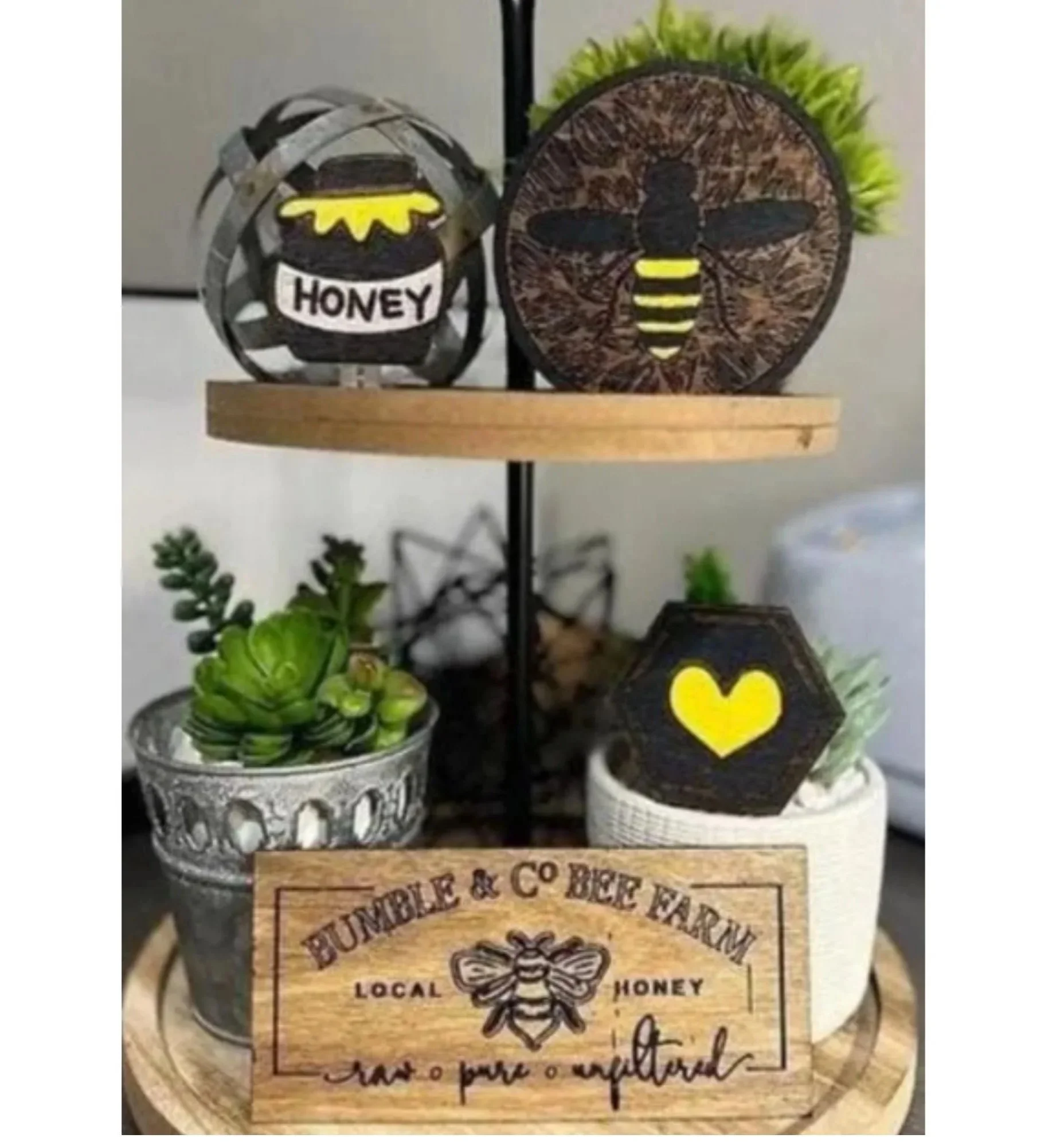 Handcrafted Bee Tier Tray Decor | Rustic Farmhouse Honeycomb Wood Accents