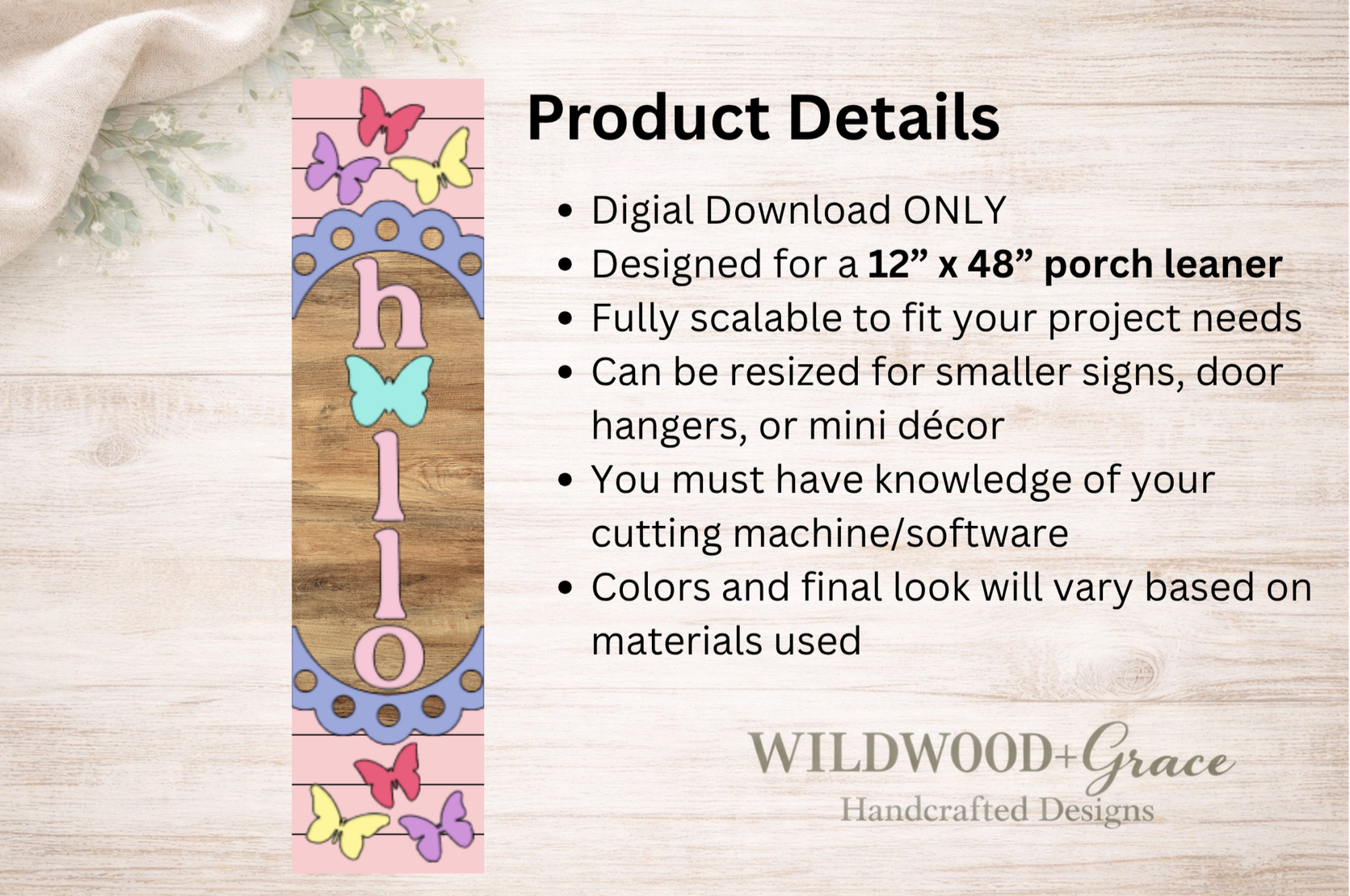 Hello Butterfly Porch Leaner SVG | Vertical Welcome Sign SVG | Farmhouse Porch Sign File | Digital Download ONLY