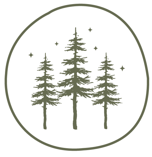 Stylized logo featuring three pine trees surrounded by a circular border and small stars.