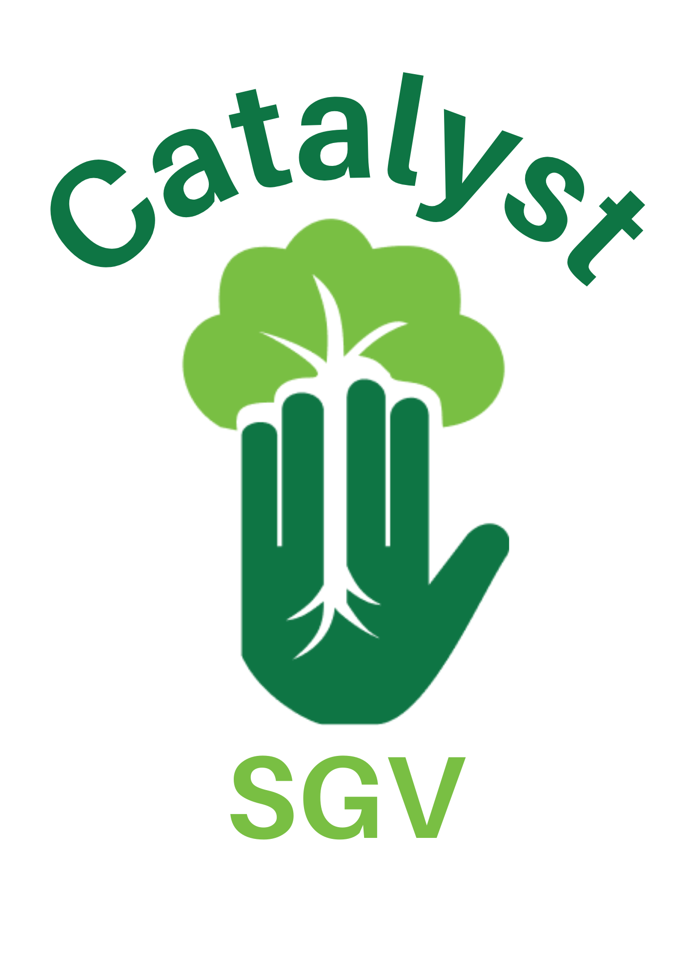 Green hand holding a plant with the word "Catalyst" at the top and the abbreviation "SCV" at the bottom.